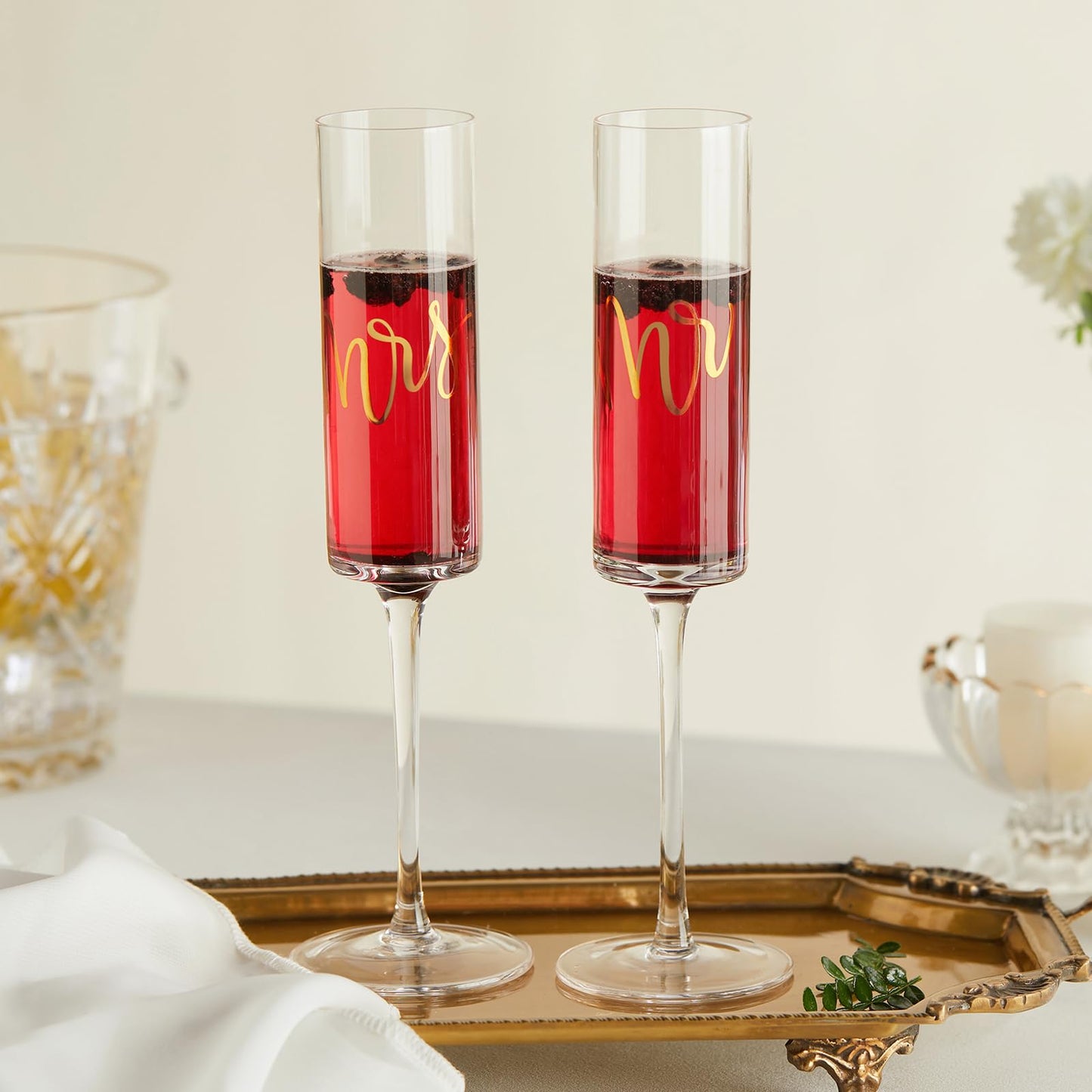 AW BRIDAL Wedding Champagne Glasses - Crystal Champagne Flutes for Mr & Mrs, Bridal Shower & Engagement Gift Set of 2