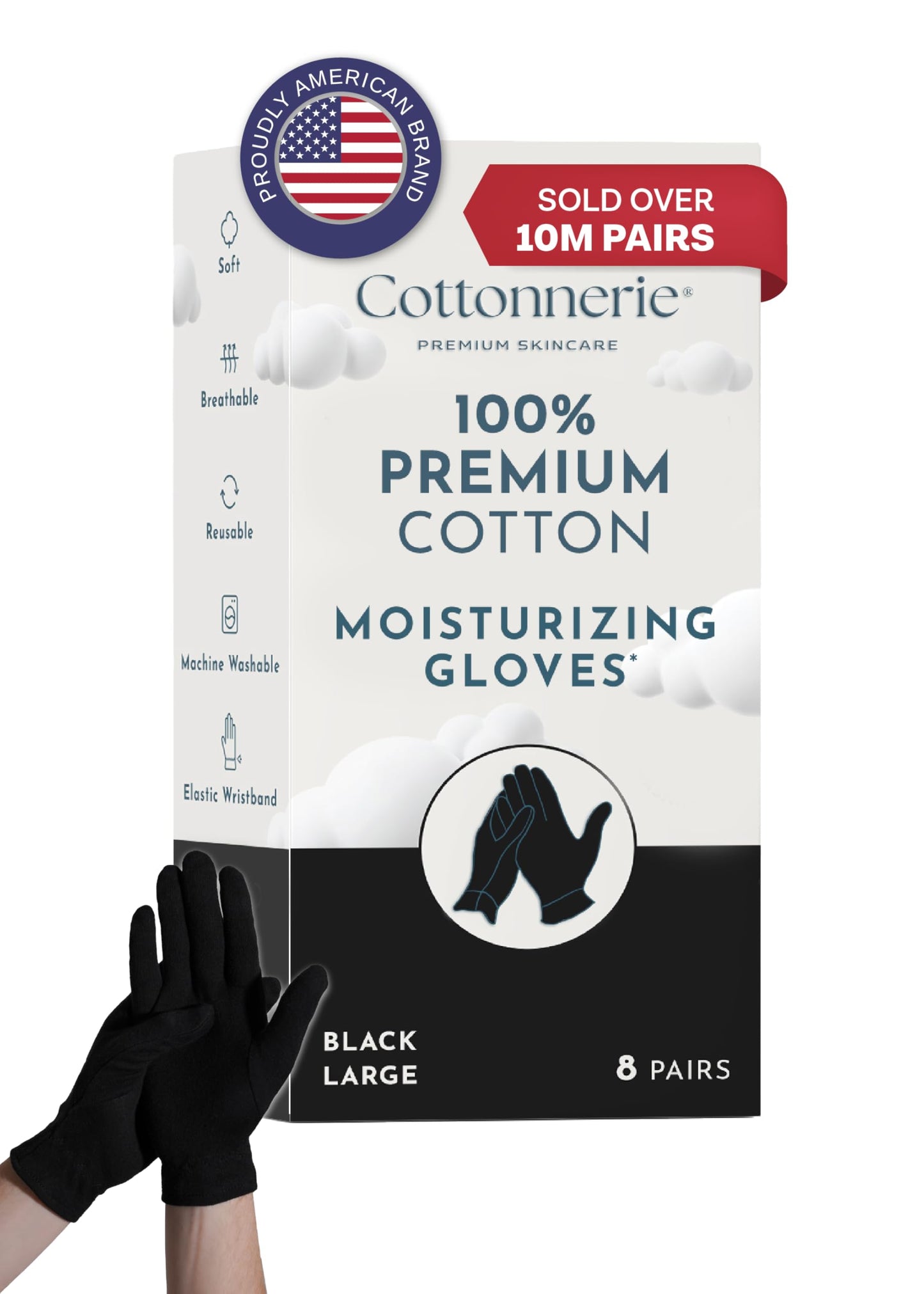 Cottonnerie Cotton Gloves for Dry Hands Sleeping, Moisturizing Gloves Overnight, Hand Moisturizer Gloves, Moisture Gloves for Dry Hands Overnight, Eczema Gloves, Large 8 Pair, Black