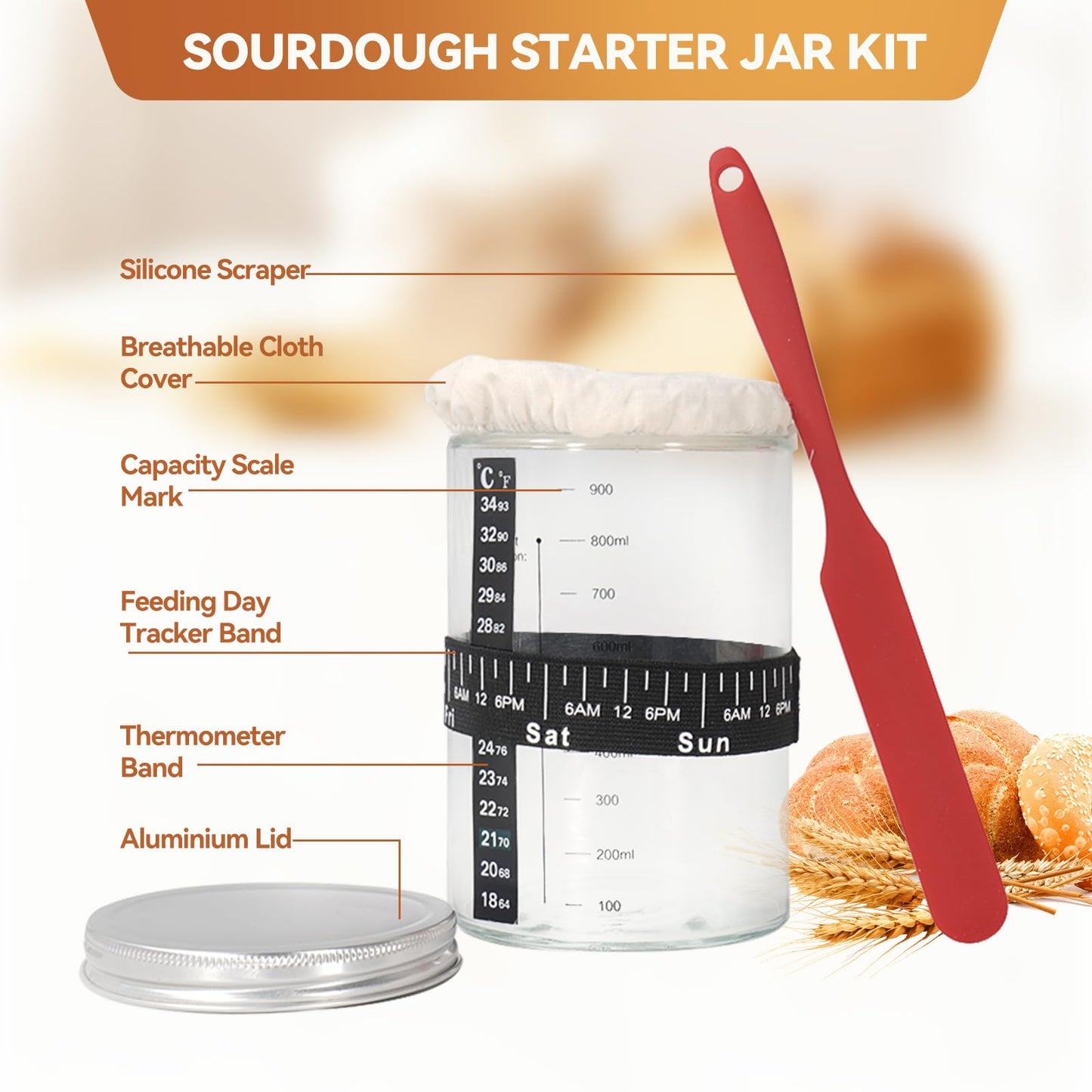 Complete Sourdough Starter Kit, Sourdough Bread Baking Supplies, Banneton Bread Proofing Basket with Glass Sourdough Starter Jar