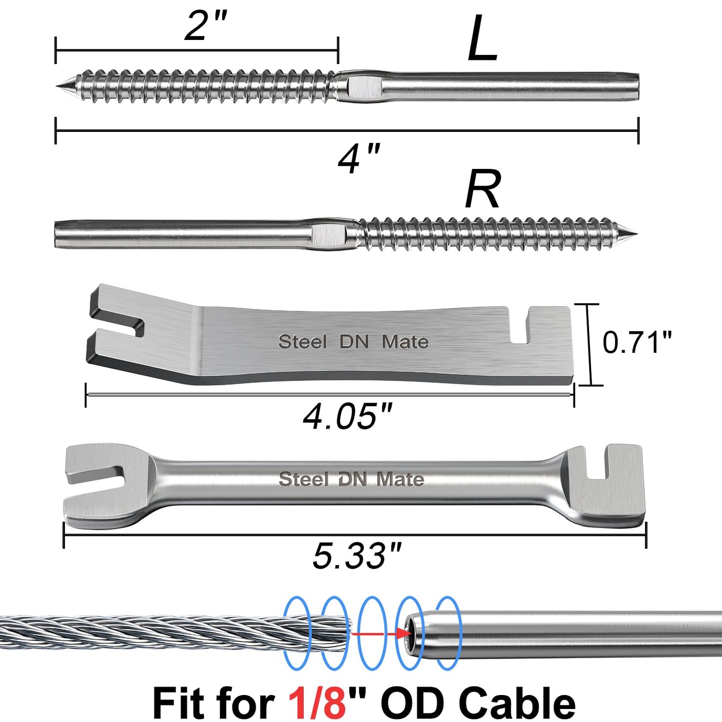 Steel DN Mate 100 Pack T316 Stainless Steel Right&Left Handed Thread Swage Lag Screws for Wood Post of 1/8" Steel Cable Railing Kit, Cable Railing Hardware, DIY Wood Baluster, Wrench Include, DM50