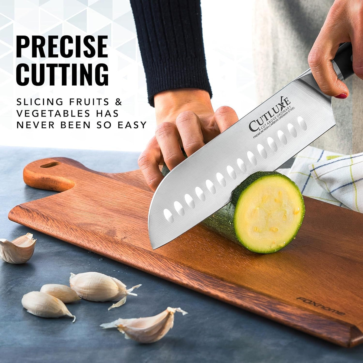 Cutluxe Santoku Knife – 7" Chopping Knife, Vegetable Knife – Forged High Carbon German Steel, Sheath Included, Full Tang, Razor Sharp, Ergonomic Handle Design – Artisan Series