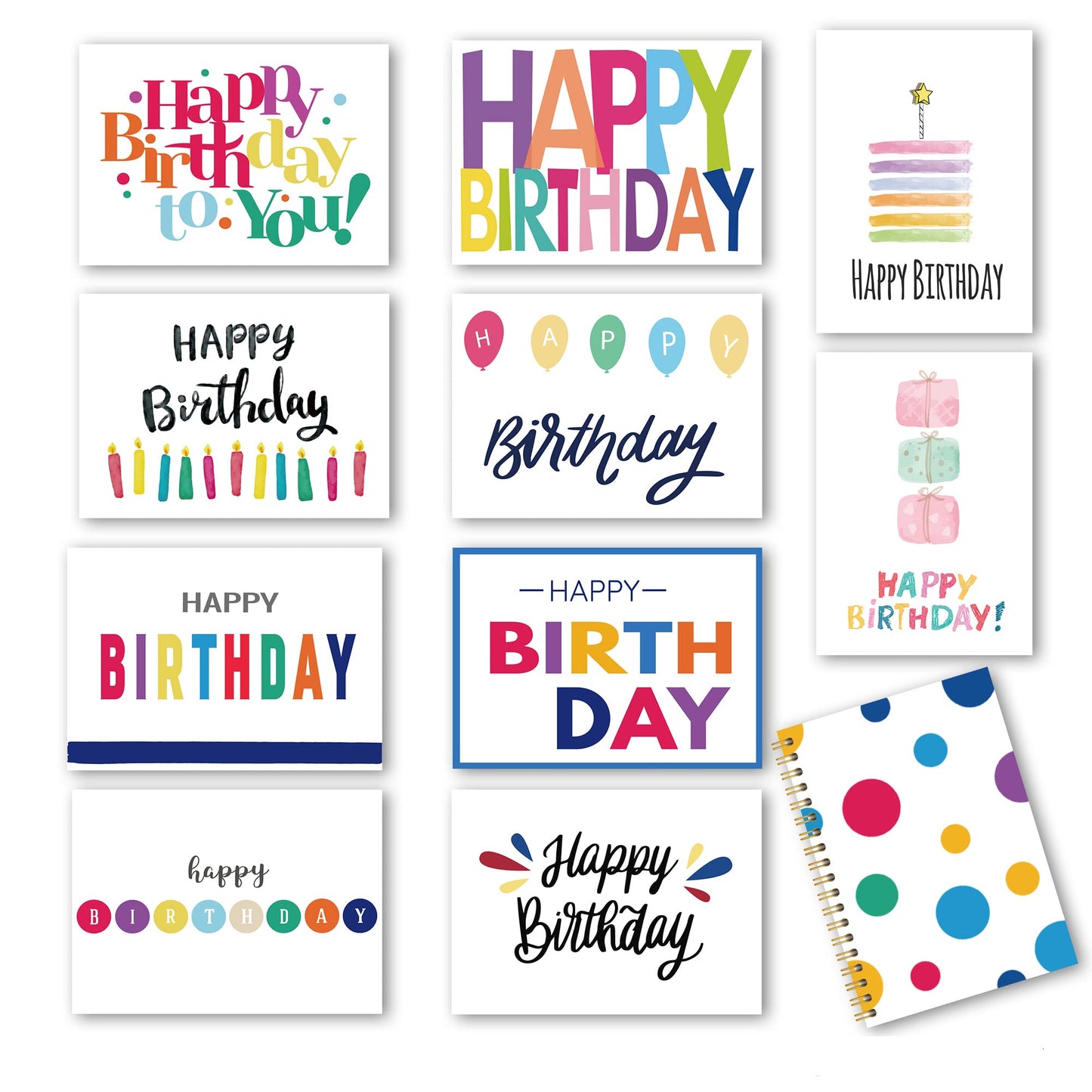 100 Birthday Cards, Happy Birthday Cards Bulk with Short Message Inside, 5x7 Inch Thick Card Stock Assorted Birthday Cards with Envelopes,10 Unique Designs for Men and Women.