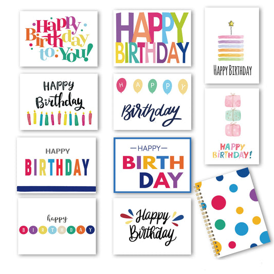 100 Birthday Cards, Happy Birthday Cards Bulk with Short Message Inside, 5x7 Inch Thick Card Stock Assorted Birthday Cards with Envelopes,10 Unique Designs for Men and Women.