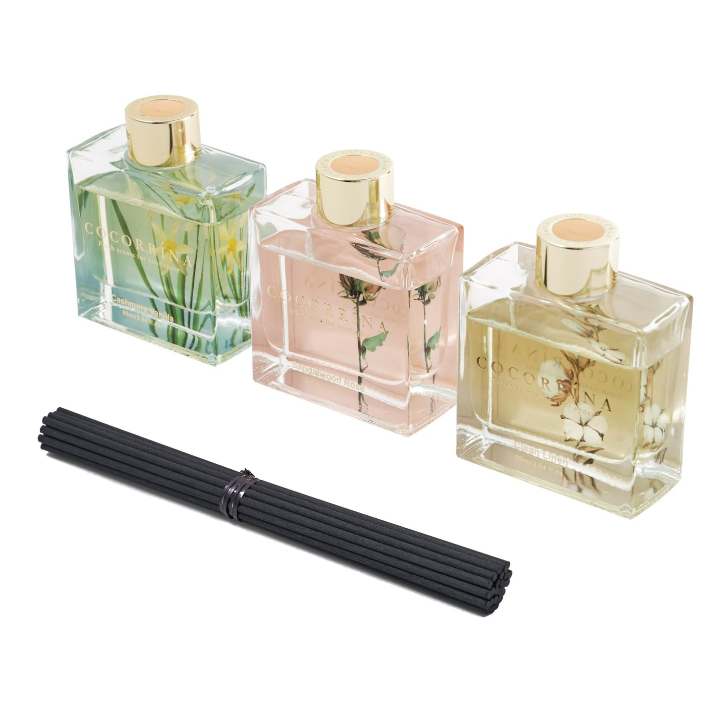 COCORRÍNA Reed Diffuser Set of 3, 3 Packs of 3 Reed Diffusers with 24 Sticks Cashmere Vanilla Sandalwood Pink Clean Linen Reed Diffuser for Home Bathroom Office