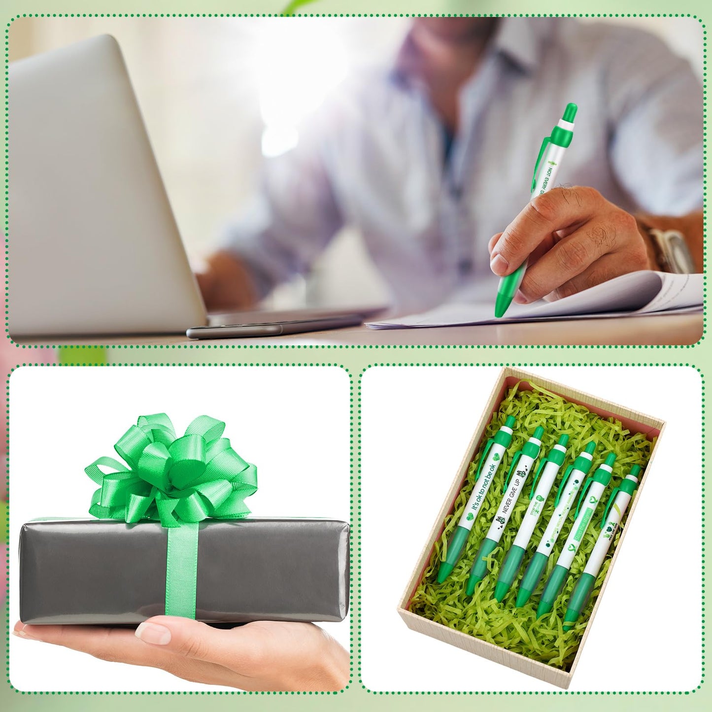 Ctosree 120 Pcs Mental Health Awareness Pens Gifts Bulk 12 Style Green Ribbon Retractable Gel Pens Black Ink Mental Health Awareness Accessories Favors Items for Office Charity Stuffers
