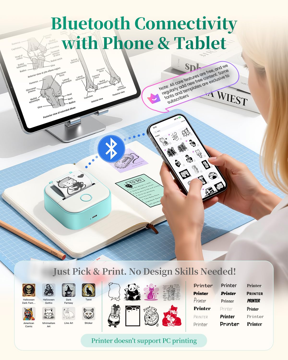 Memoking Mini Sticker Printer - T02 Portable Thermal Printer Inkless Photo Printer Bluetooth Sticker Maker for Kids Print Pods Instant Print, Smart AI APP, for Student Study Note, Journal, DIY, Gift