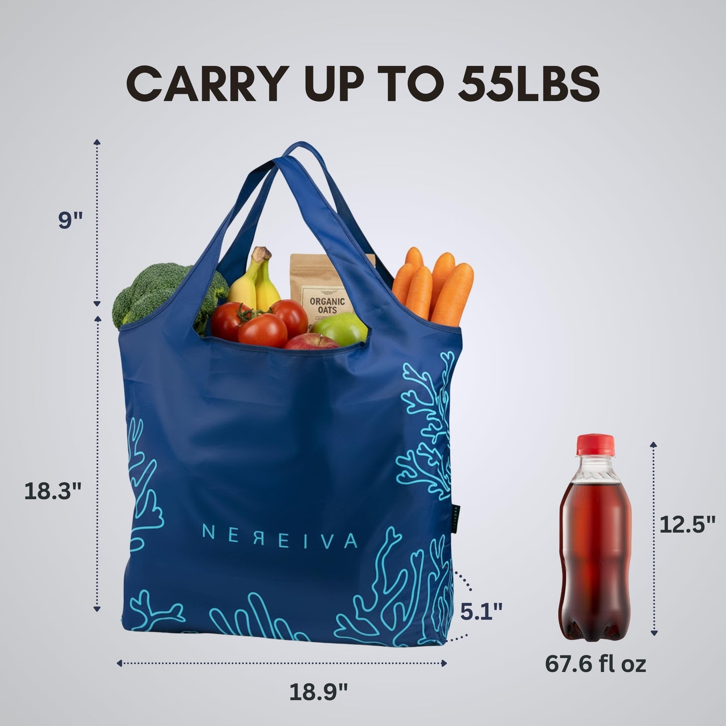 Nereiva 5 Pack Foldable Grocery Bags into Tiny Pouch - Large Capacity Multi-Color, Great for Travel, Durable, Washable Packable Shopping Bag, Comes with a carry pouch, Lightweight