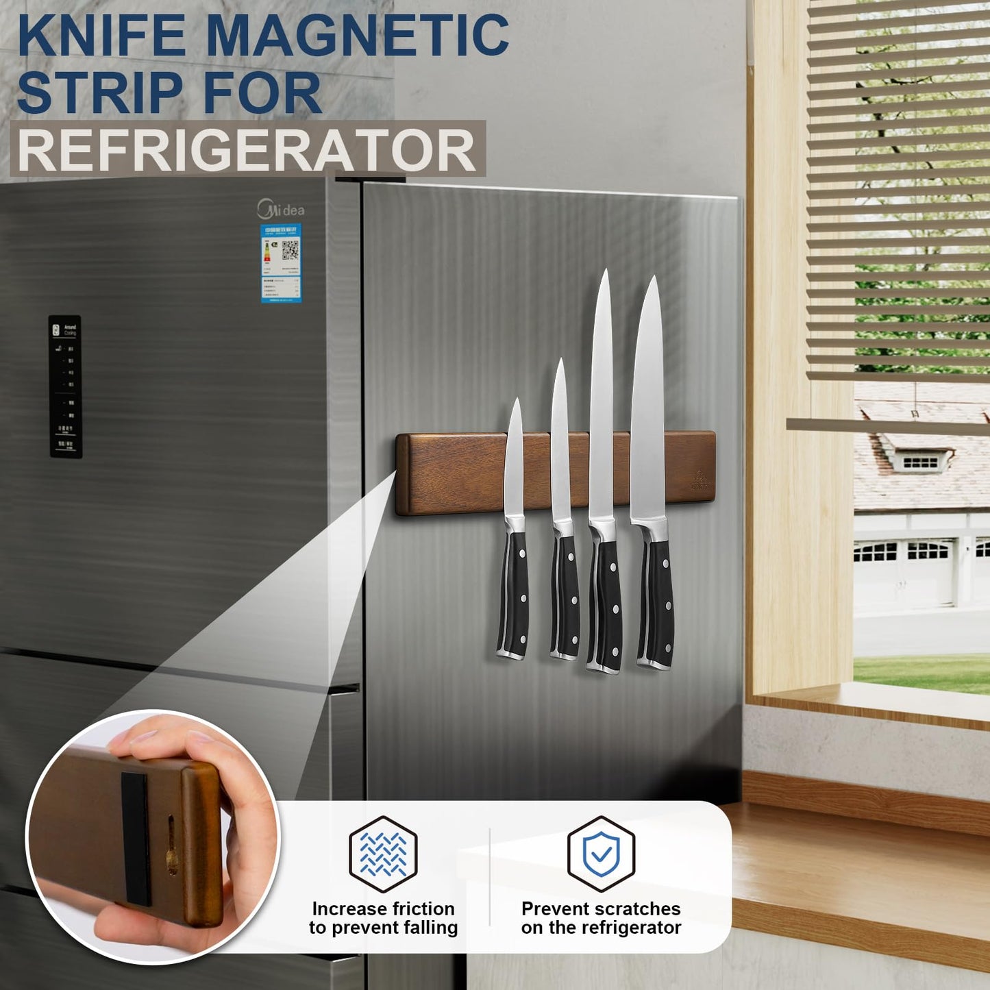 ENOKING Acacia Wood Magnetic Knife Strip for Kitchen, Wall Mounted Knife Magnetic Holder for Chef Knives, 16 Inch with Gift Box & 4 Hooks