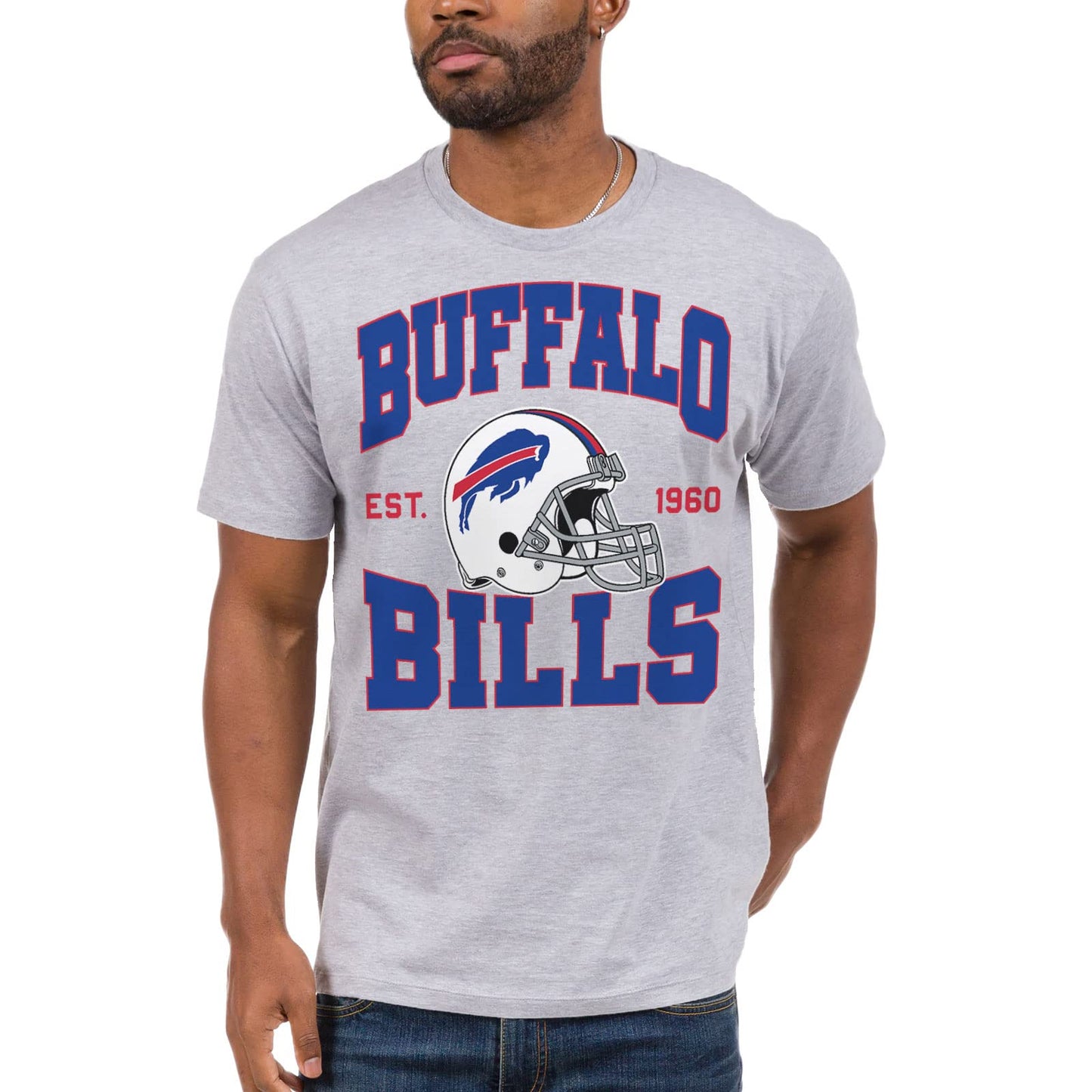 Junk Food Clothing x NFL - Buffalo Bills - Team Helmet - Unisex Adult Short Sleeve Fan T-Shirt for Men and Women - Size Medium Grey