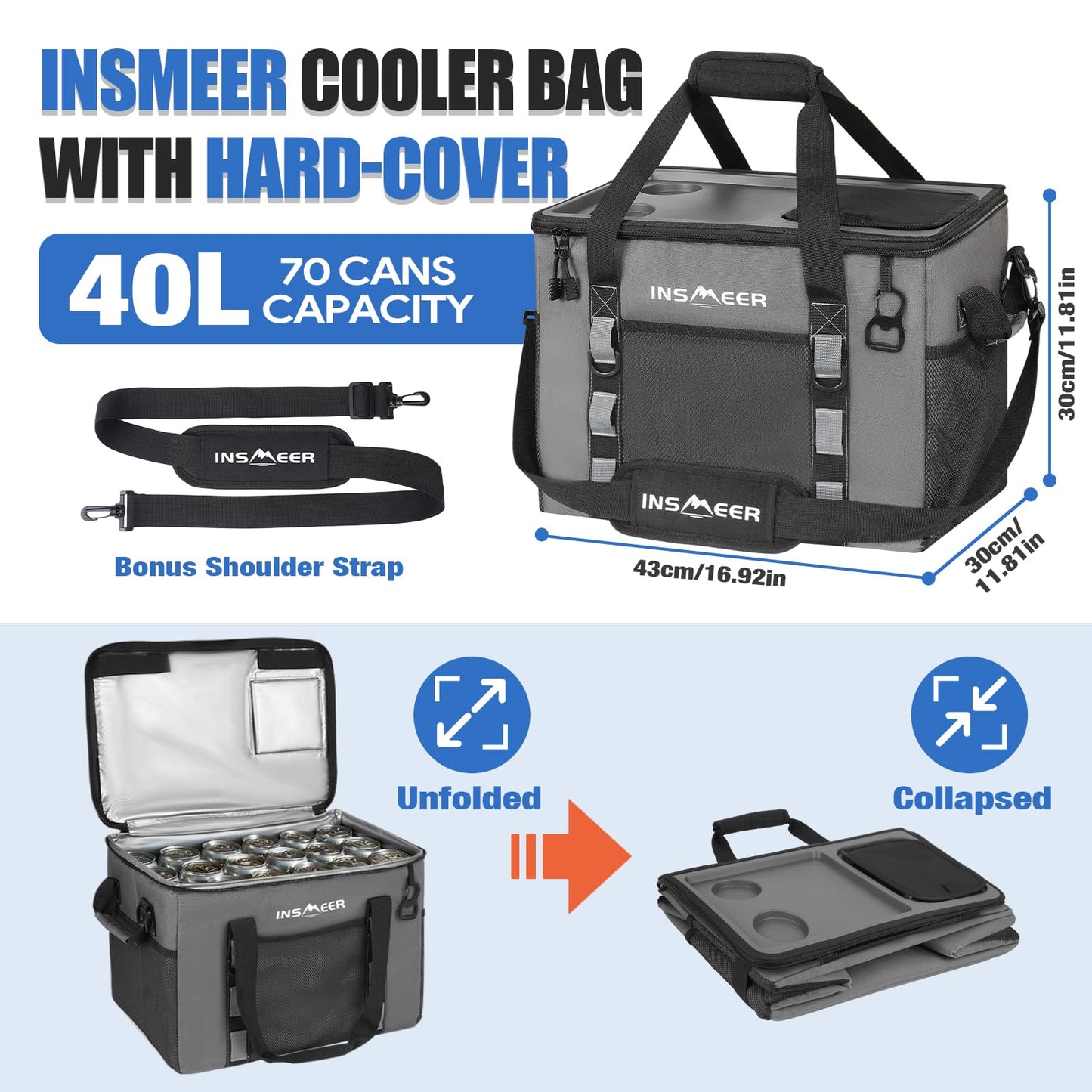 INSMEER Hard Top Soft Cooler with 2 Cup Holders, Large Foldable Cooler Bag - 40L/70 Cans, 100% Leakproof/Insulated/Portable Glaciere with Shoulder Strap for Travel, Beach, Camping, BBQ, Events