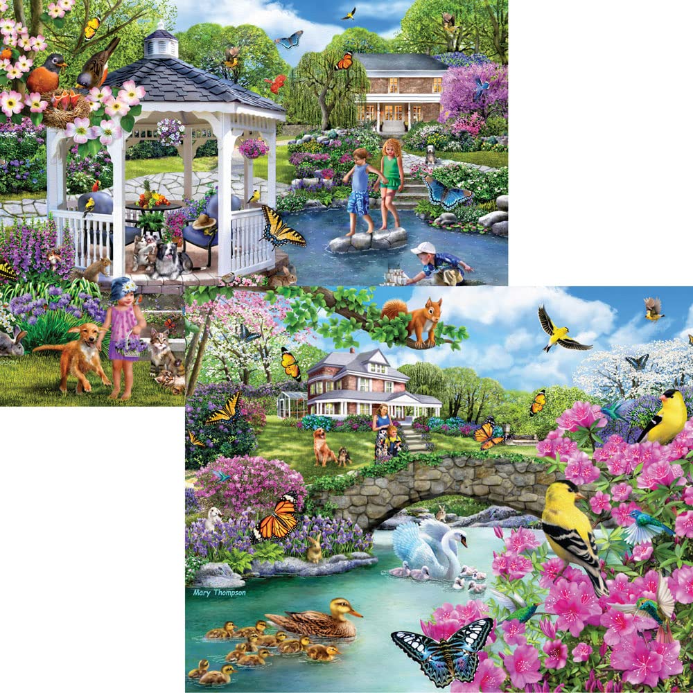 Bits and Pieces – Multipack of Four (4) 300 Piece Jigsaw Puzzles for Adults - Puzzles Measure 40 cm x 61 cm – 300 pc Greenhouse Tea Party, Gardens, Footbridge, Gazebo Jigsaws by Artist Mary Thompson