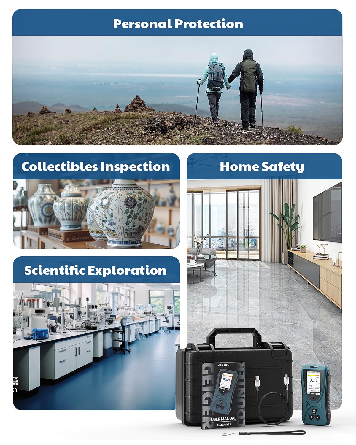 Geiger Counter AEGTEST Radar-5633 Portable Nuclear Radiation Detector with LCD Screen, Rechargeable Dosimeter for Beta Gamma X-ray Detection, Measures in CPM μSv/h μR/h μSv - Blue