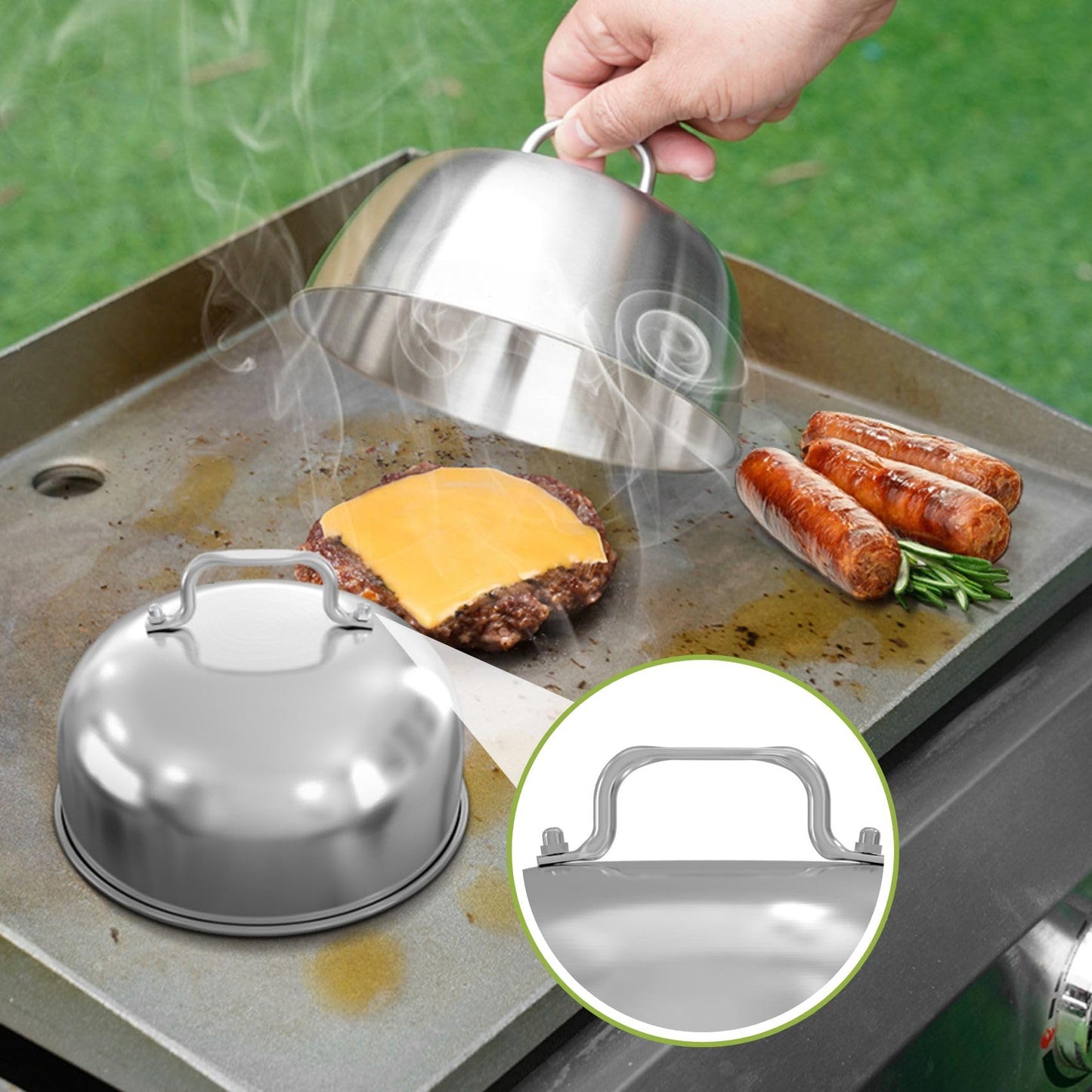 only fire Griddle Accessories Kit,Cheese Melting Dome & Burger Press Kit,6 Inch Basting Cover with Burger Smasher & Grill Spatula for Outdoor Griddle BBQ, Flat Top Teppanyaki Grilling & Steaming