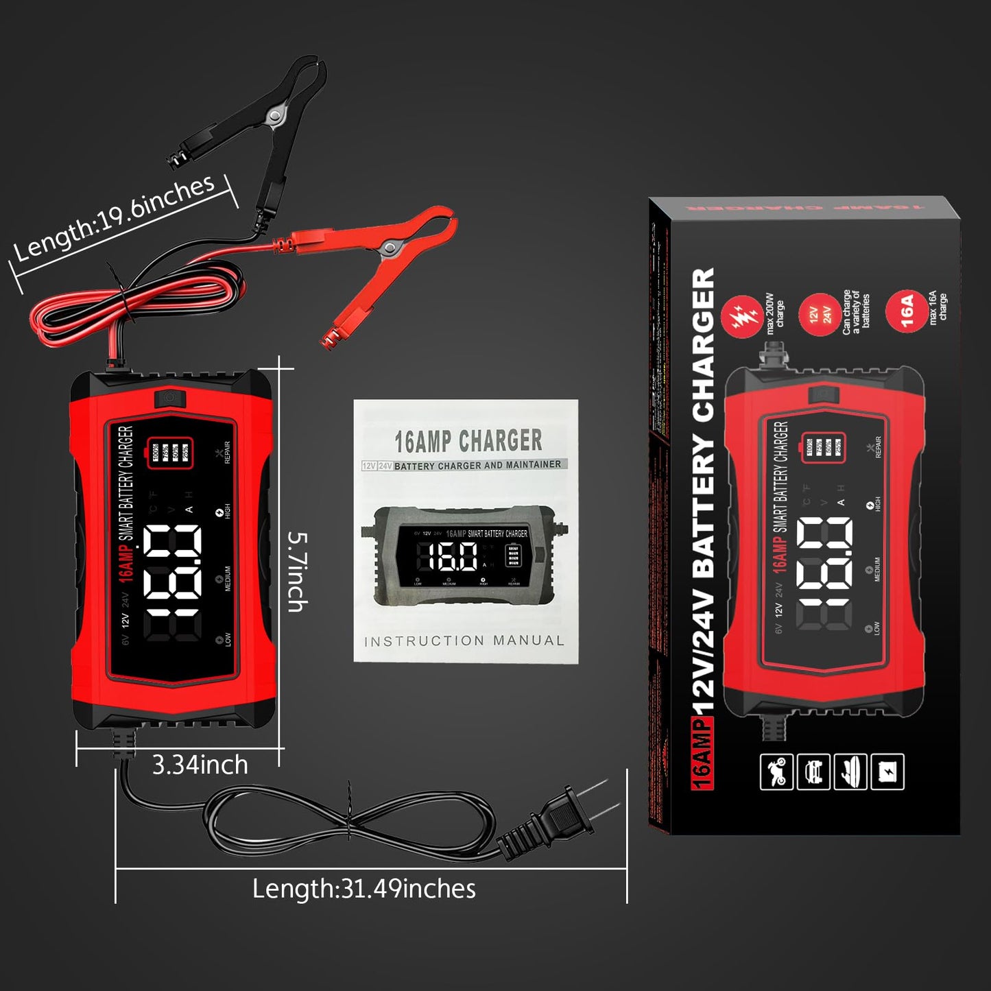 16-Amp Battery Charger, 12V 24V Lithium LiFePO4 Lead Acid Car Battery Charger 10-Stage Trickle Charger Smart Battery Maintainer w/Temp Compensation for Car Truck Lawn Mower Boat Marine