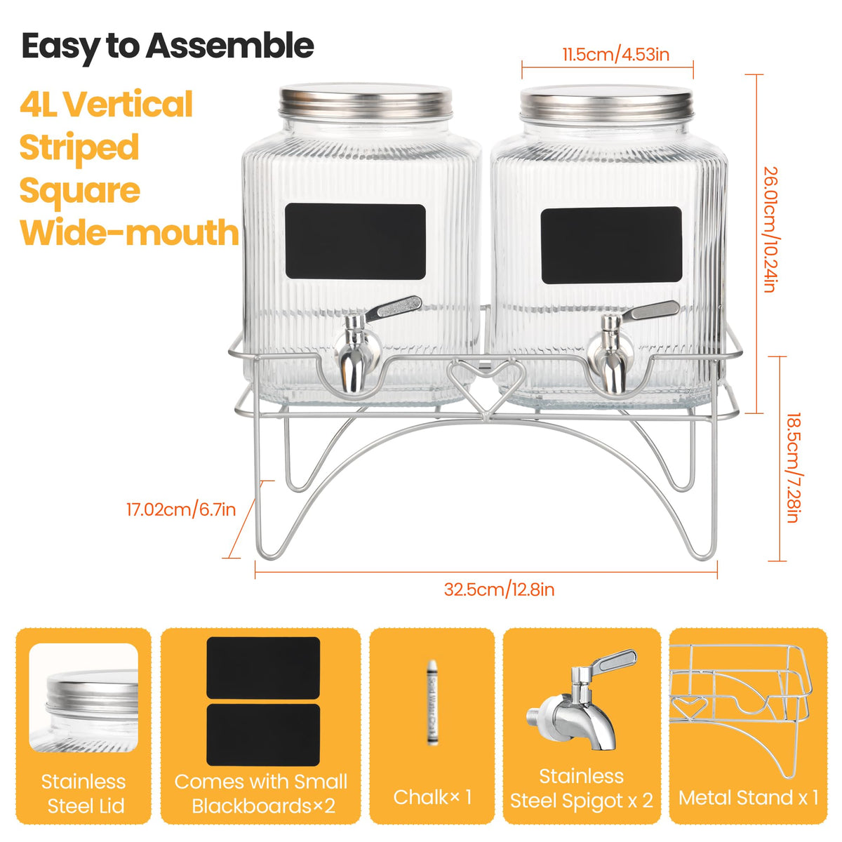 Lulonpon 2 x 4L(1.06 Gallon) Glass Drink Dispenser, Beverage Dispenser with Stainless Tap, Glass Water Juice Dispensers with Metal Stand, Water Jug with Tap Perfect for Parties,Weddings,Birthdays