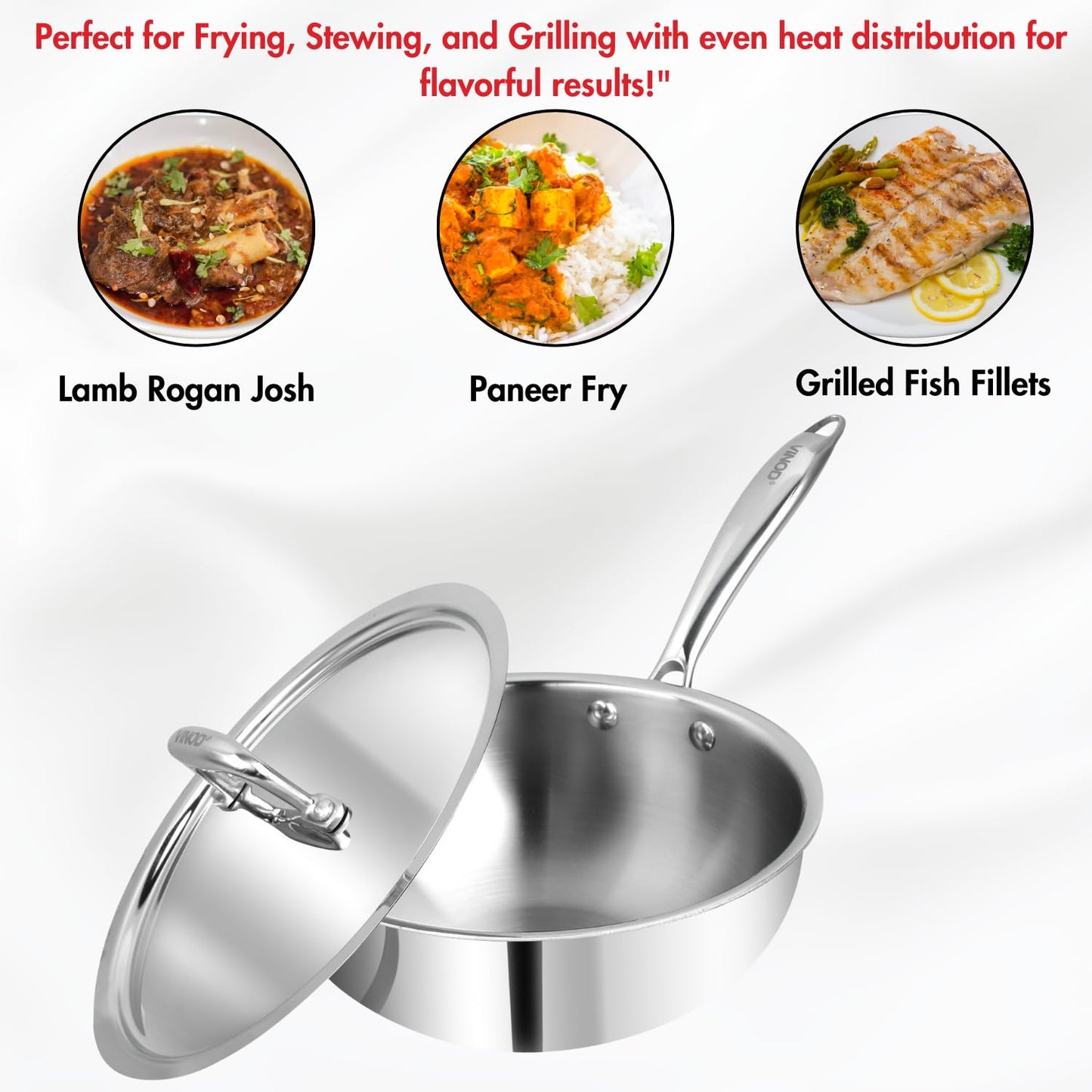 Vinod Platinum Triply Stainless Steel Wok with Lid 22 cm | Deep Skillet Pan with Riveted Sturdy Handle | Induction and Gas Frying pan, Dishwasher & Oven Safe | Ideal for Frying, Sautéing-Silver