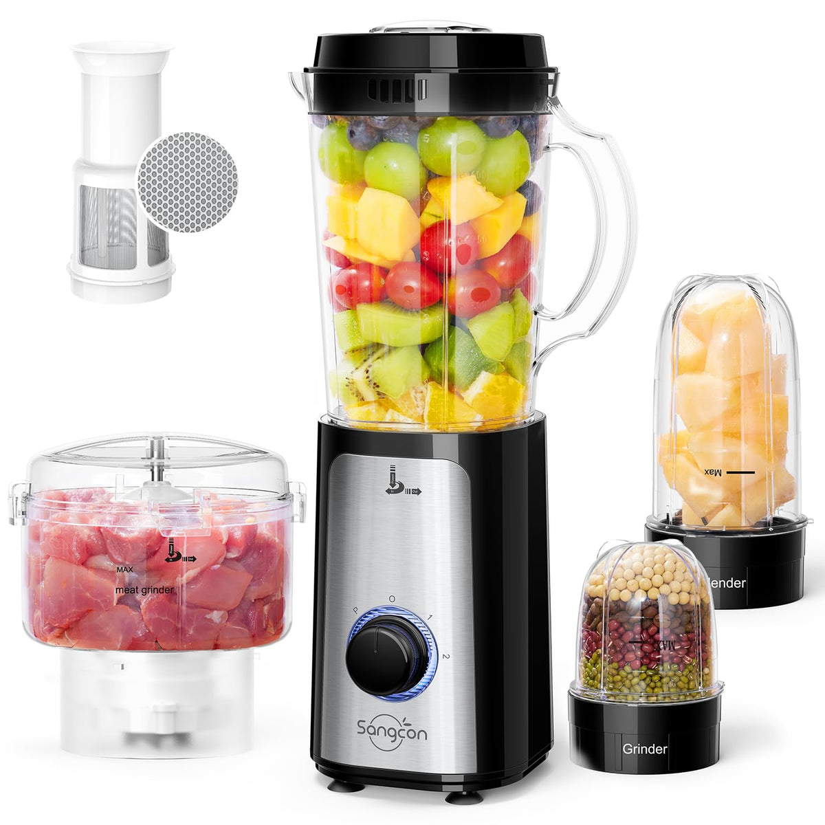 SANGCON 5 in 1 Blender and Food Processor Combo for Kitchen, Small Electric Food Chopper for Meat and Vegetable, 350W High Speed Blenders with 2 Speeds and Pulse for Smoothies and Shakes