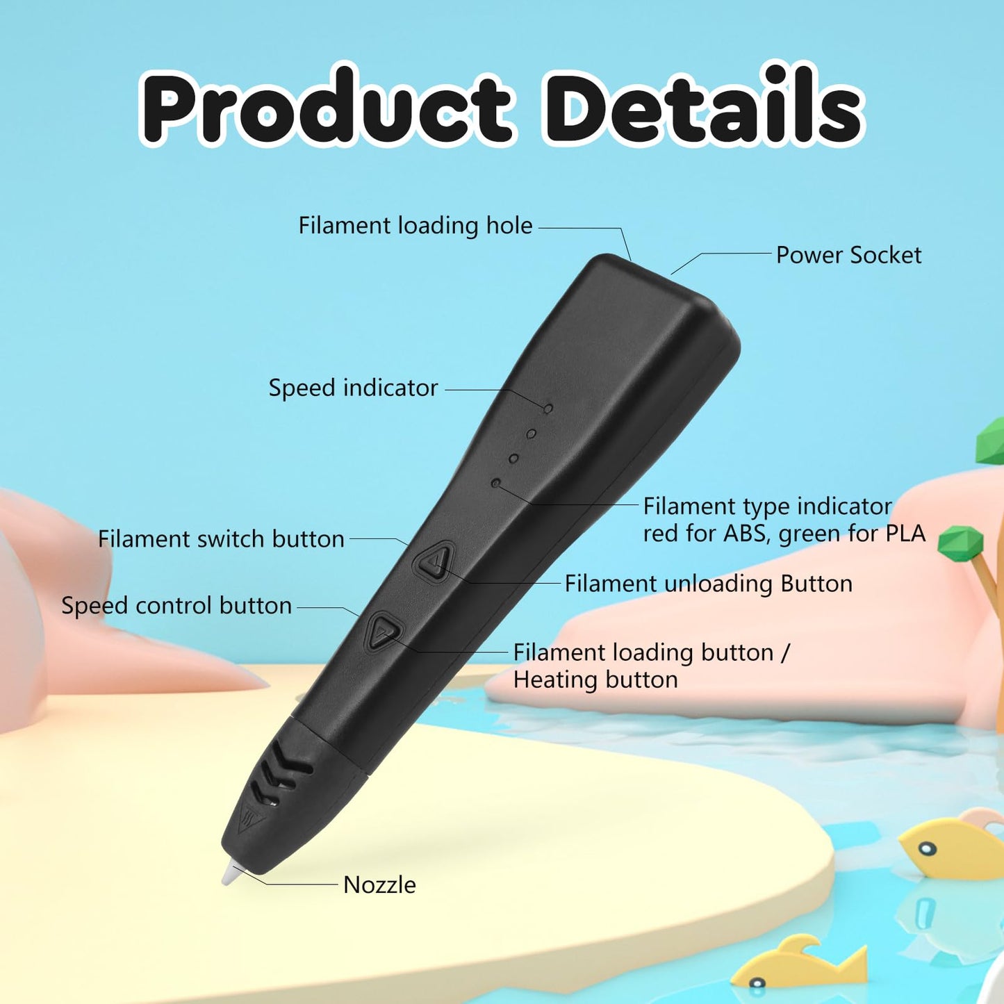 Kretrum 3D Pen for Kids | Portable 3D Printing Pen | 3D Printer Pen with 1.75mm PLA Filament, Fingerstall, Pen Holder, Stencil Book, Charger for Teenagers Stylo 3D Crayon 3D (Black)