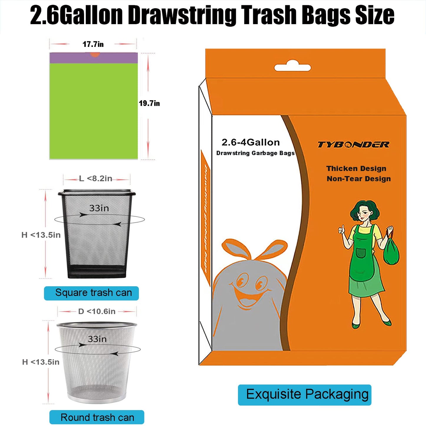 Small Trash Bags 2.6-6 Gallon Thicken Drawstring Trash Bags 4 Gallon Extra Strong Small Garbage Bags Unscented Wastebasket Liners Bags for Kitchen,Bathroom,Office,Home Trash Can 5 Color(80Counts)