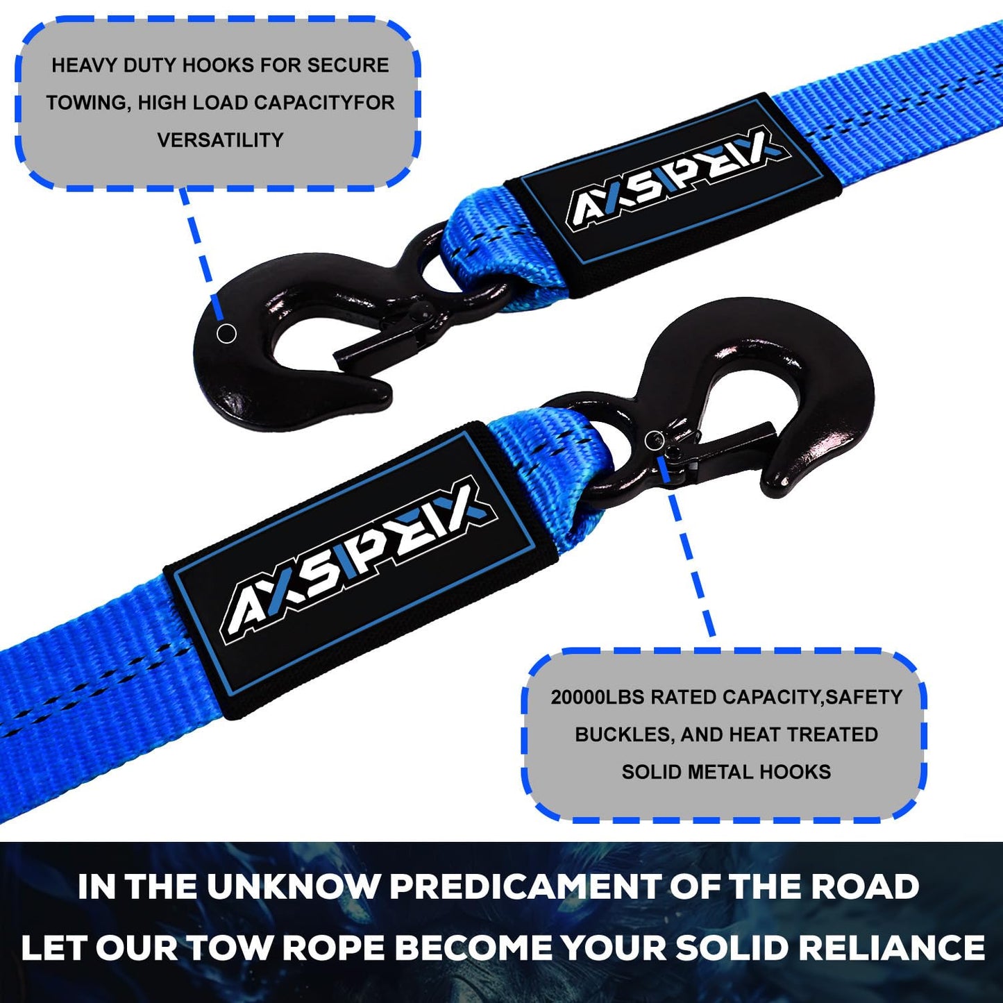 AXSIPEIX Nylon Tow Strap with Hooks Heavy Duty, 2”x20’(20,000lbs) Recovery Rope Car Tow Strap for UTV, ATV, Truck(Blue)