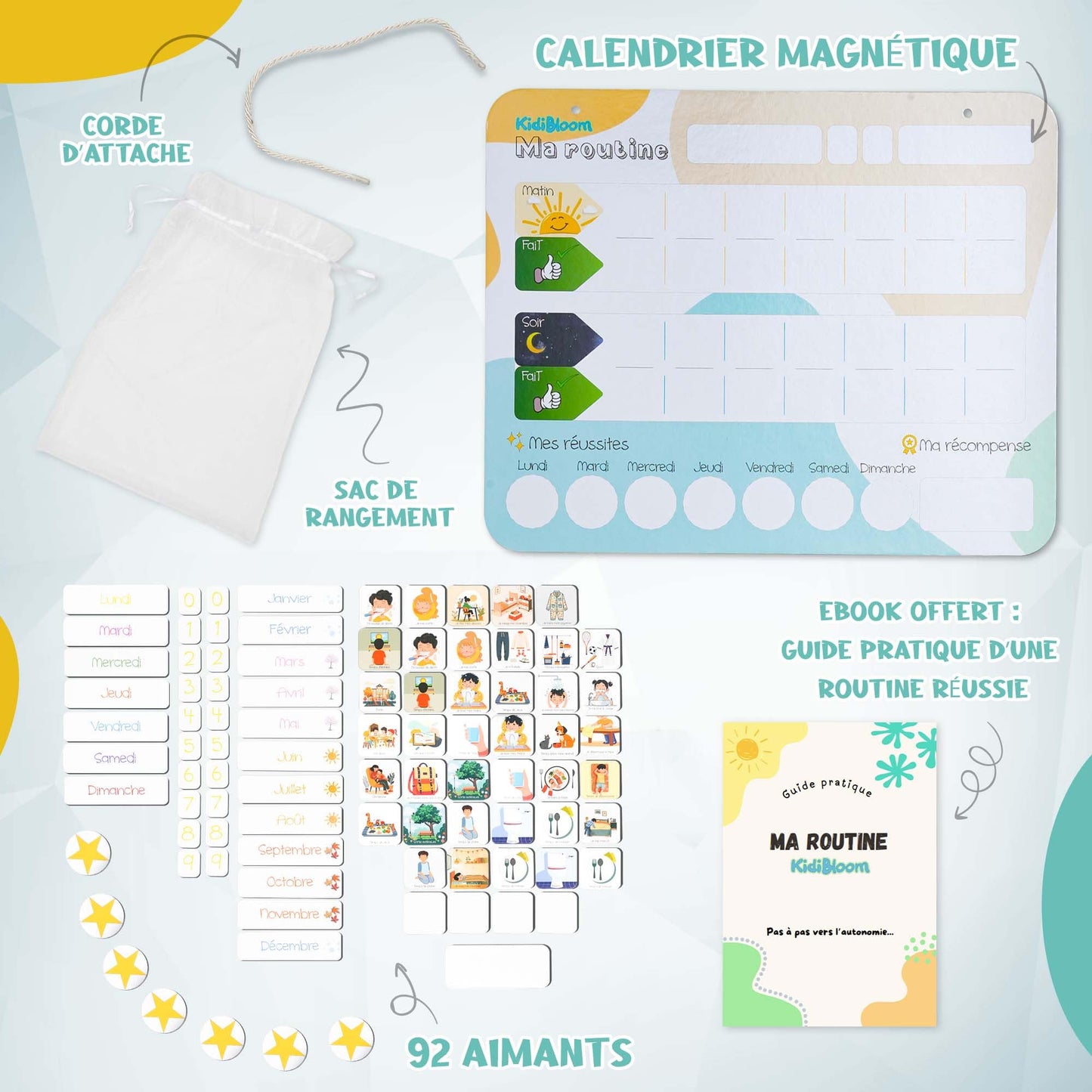 Tableau de Routine Pour Enfant en français - 92 aimants inclus - pictogramme Routine - Chore Chart for Kids - Reward Chart for Kids - ADHD Tools - Responsibility Chart for Kids