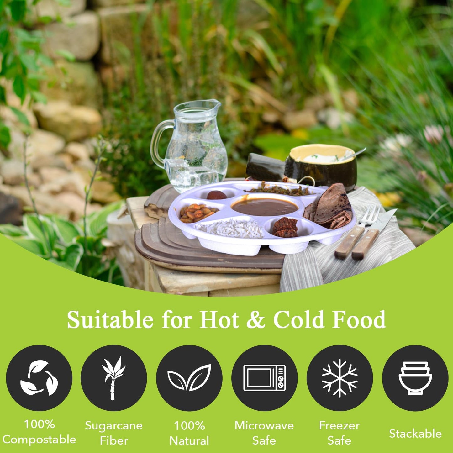 three leaf 7 Compartment Bagasse Round Plate, 50 Ct. Heavy-Duty- Super Strong- Natural- Eco-Friendly Disposable Bagasse Plates, 100% Biodegradable 7 Compartment Plates