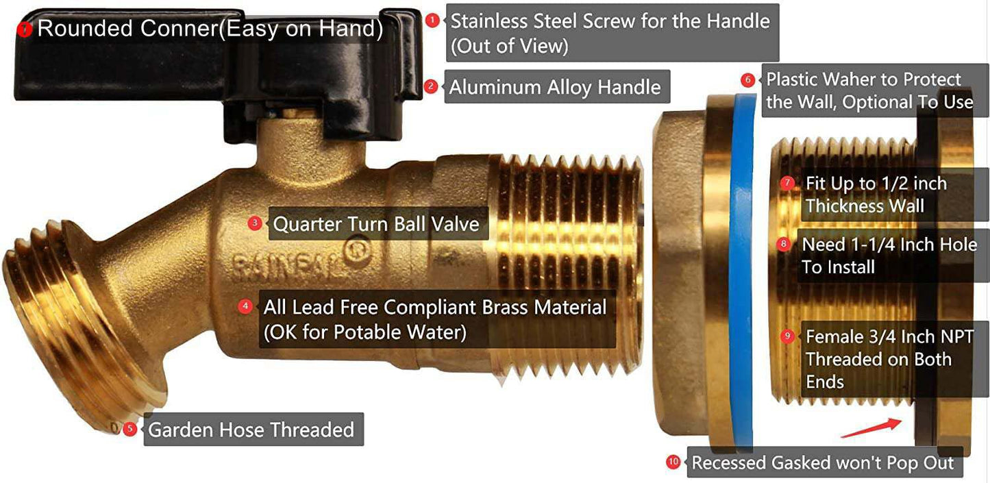 RAINPAL RBS022 Brass Rain Barrel Spigot(3/4" Quarter Turn Ball Valve w/Bulkhead Fitting and Thread Tape)