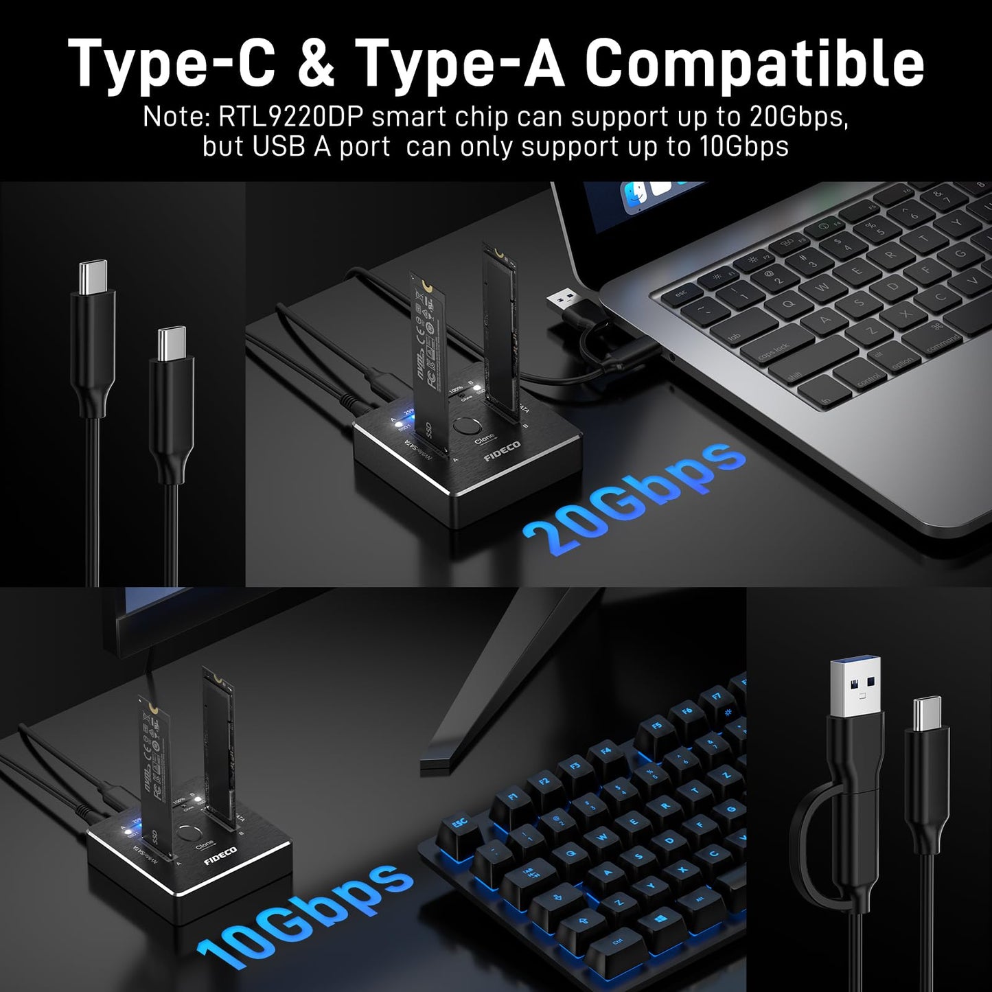 FIDECO M.2 NVMe SATA SSD Cloner Dock, USB 3.2 Gen 2 X 2, 20Gbps Dual NVMe SATA SSD Enclosure, M.2 Duplicator Cloner, Support Offline Clone, UASP and Trim, Aluminum Design