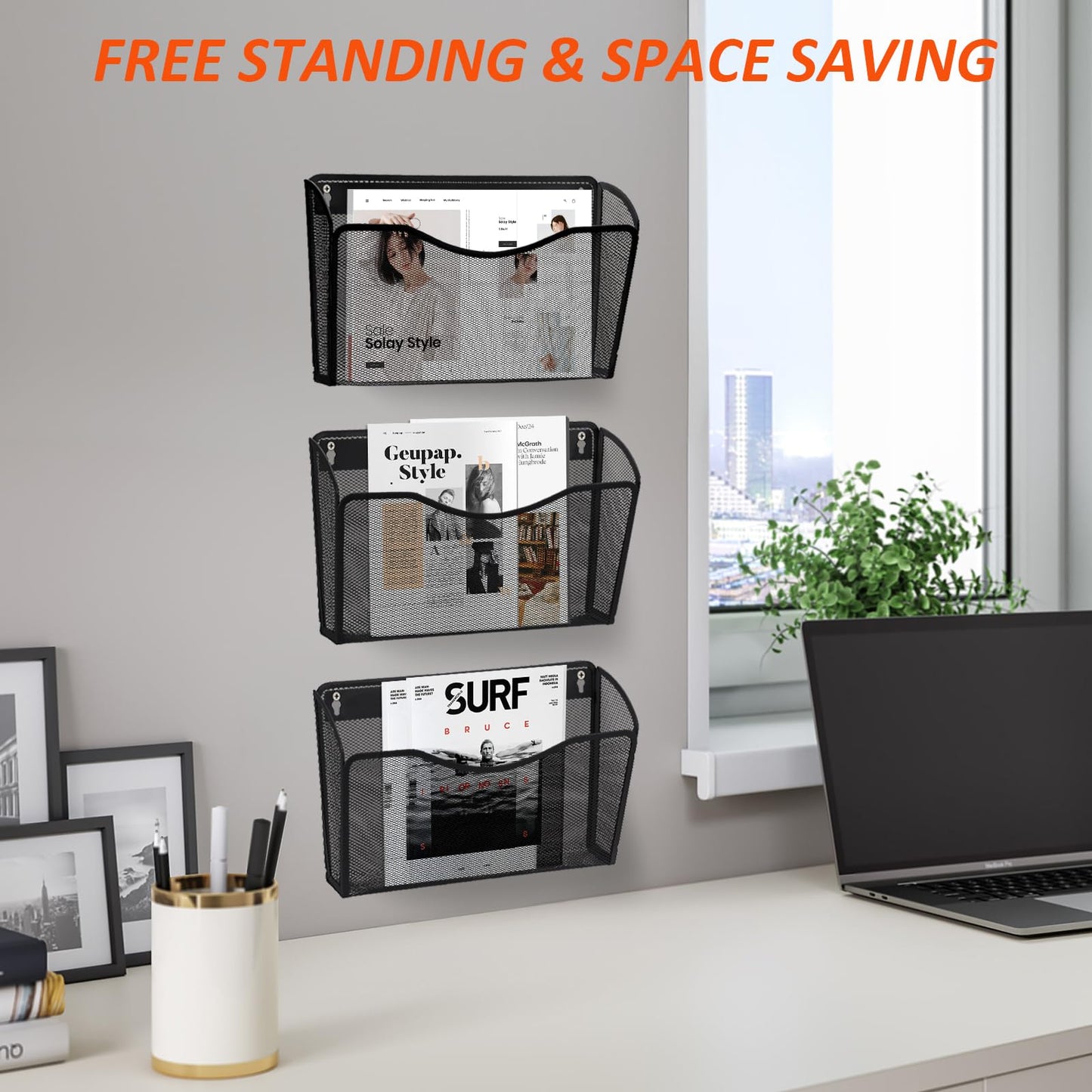 Wall Mount File Holder (3 Pack), AGPtek Wall File Holder, Hanging Wall File Organizer, Pocket Mesh Metal File Holder Organizer for papers, files and Home (Black)