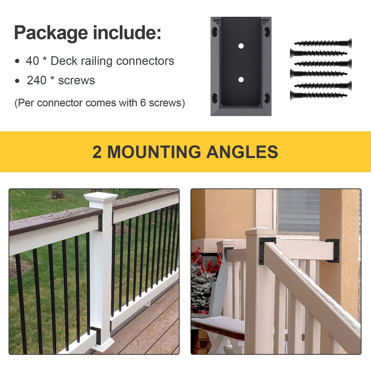 Goovilla Deck Railing Bracket Connectors, 2x4 Brackets for Railing Wood Lumber Post, 40 PCS Sturdy Nylon Deck Post Bracket with 240 PCS Coating Screws for Wooden Stair Fence Railings Handrail, Black