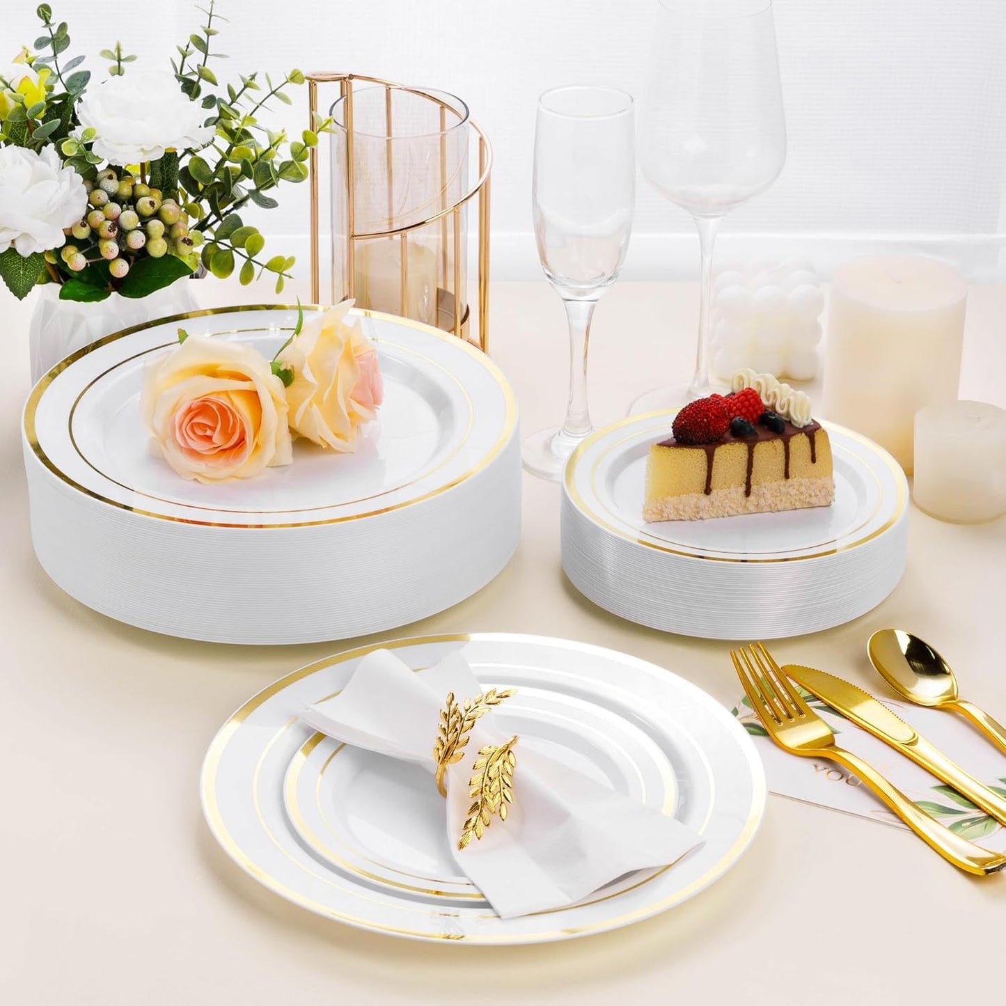 Goodluck 100PCS Gold Plastic Plates, 10.25 Inch Disposable Dinner Plate Party with Gold Rim, Heavy Duty Disposable Plastic Plates for Party, Wedding and Birthday