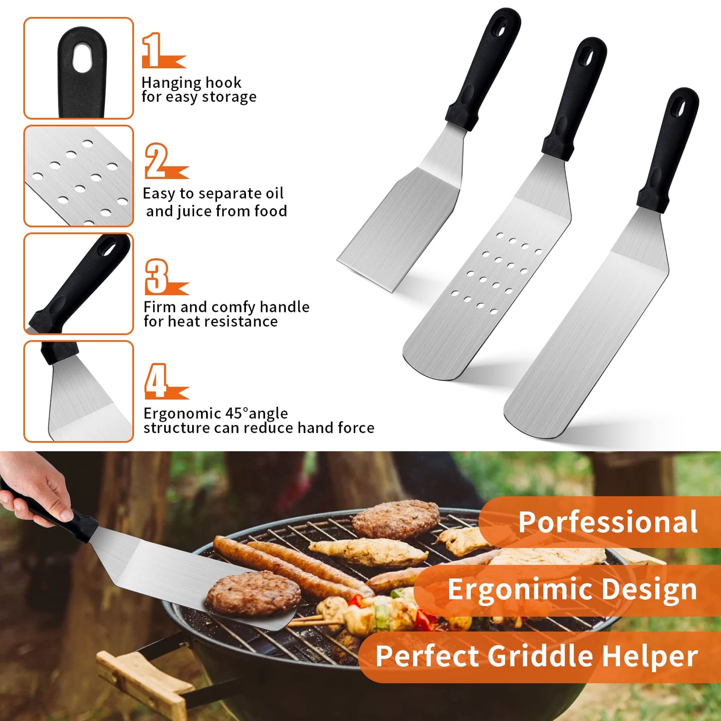 Bbcuepro 24 PCS Griddle Accessories Kit - Stainless Steel Flat Top Grill Spatula Kit for Outdoor Barbecue Teppanyaki Camping Cooking, Blackstone and Camp Chef - Professional Grill BBQ Spatula Set