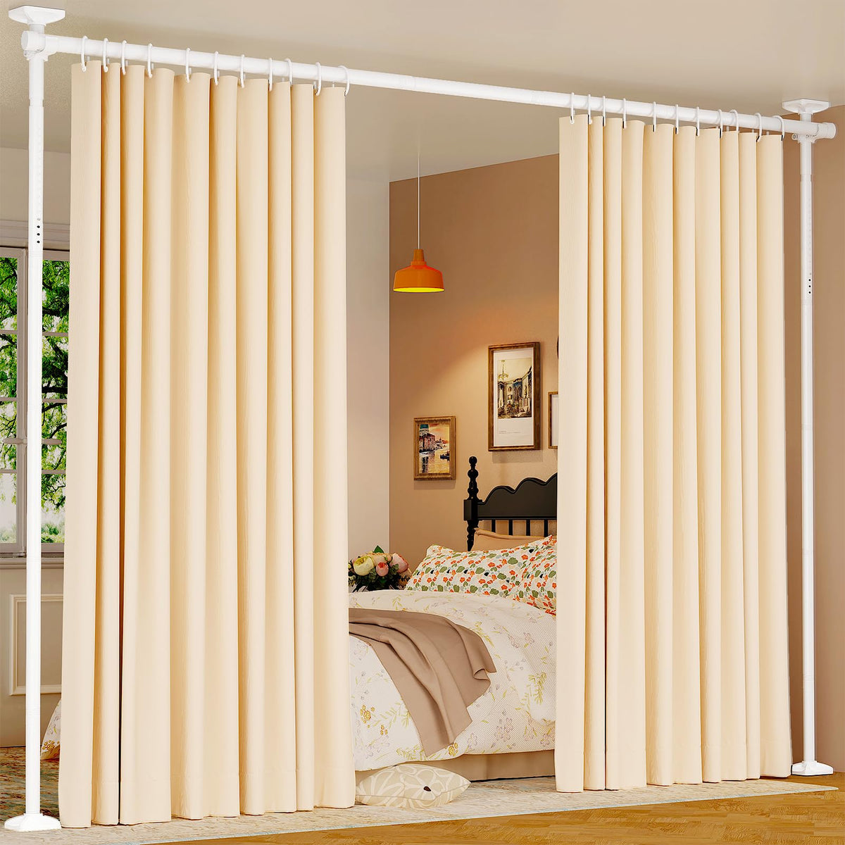 Goovilla Room Divider for Room Separation, Tension Curtain Rods No Drilling, 4-10ft(H) 28-70inch(W) Adjustable Temporary Privacy Wall Divider, Heavy Duty Freestanding Space Partition Separator, White