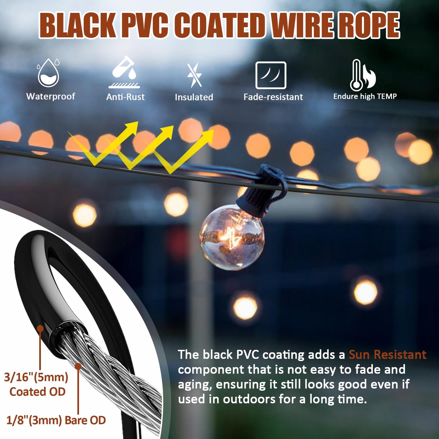 hannger String Light Hanging Kit Outdoor, Globe String Lights Suspension Kit, 50FT 3/16 Black PVC Coated Steel Cable w/ M6 Turnbuckle Tensioner Kit, Guide Wire for Outdoor/Patio/Camping String Light