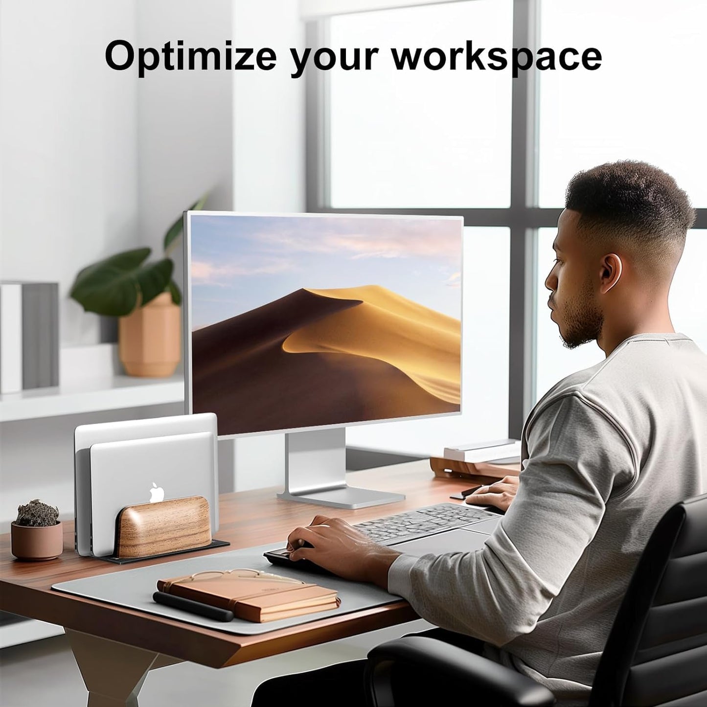 Vertical Laptop Stand, Dual Slot Walnut Wood Laptop Holder for Desk, Natural Wooden & Aluminium Width Adjustable Dock for MacBook and Other Laptops