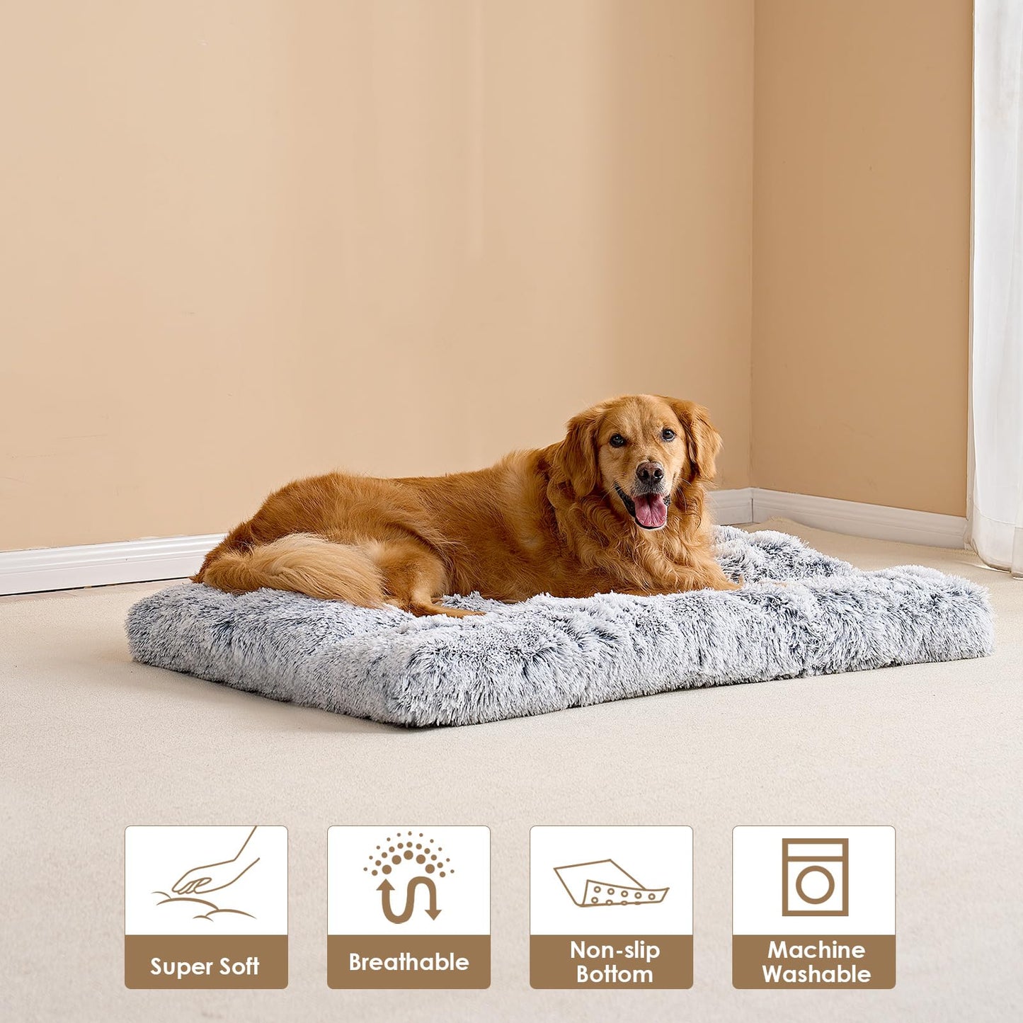EHEYCIGA Calming Dog Crate Bed XL Extra Large, Washable Anti Anxiety Dog Pet Bed, Fluffy Dog Pillow Mat with Anti-Slip Bottom, Grey, 41.3"x27.5"x3.5"