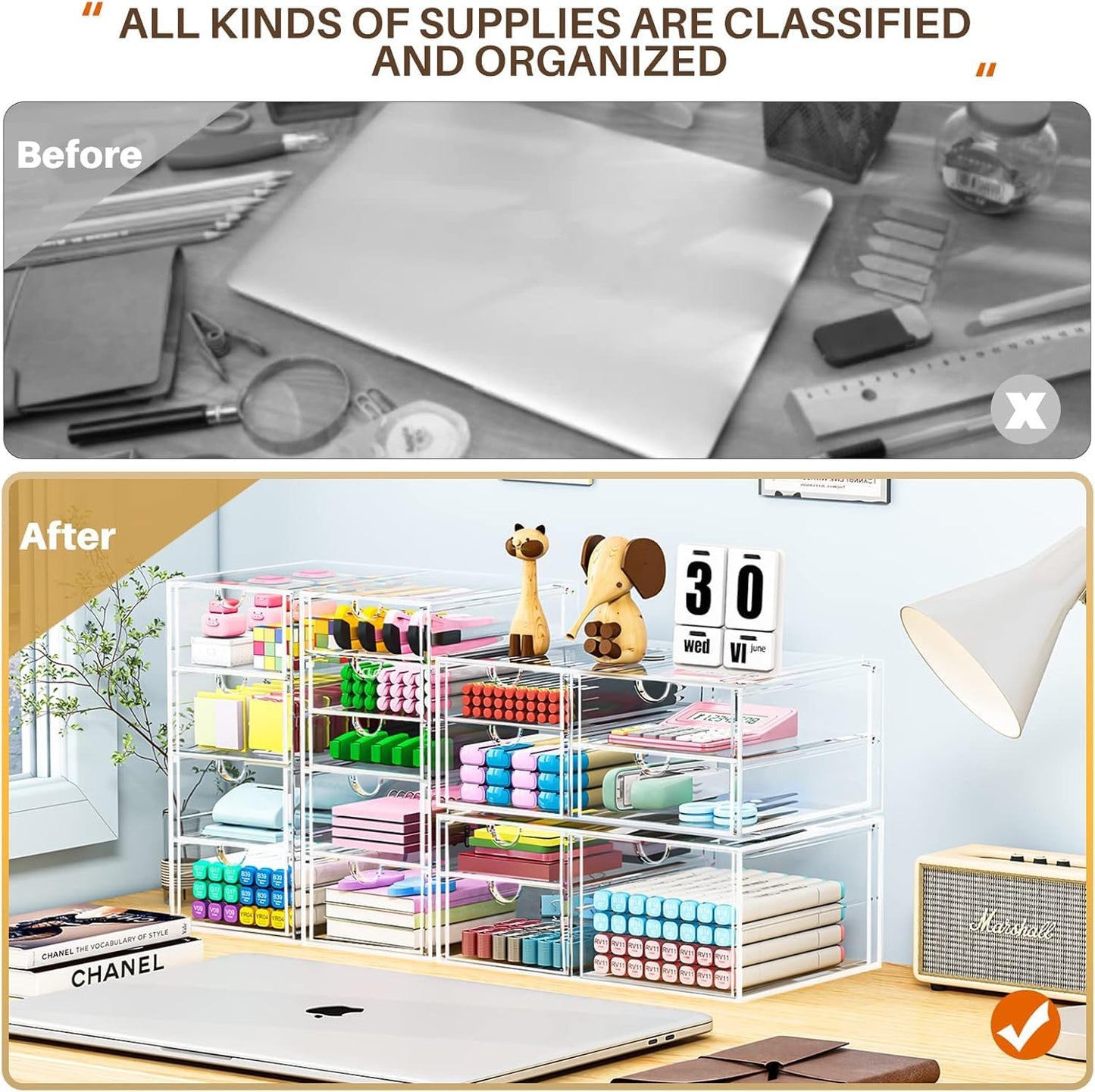 caktraie Makeup Organizer Storage With 16 Drawers, 4 Pcs Desktop Office Supplies, Desk Organizers, Clear Accessories, Dustproof Drawer and for Make Up, Jewelry, Pen, Stationary