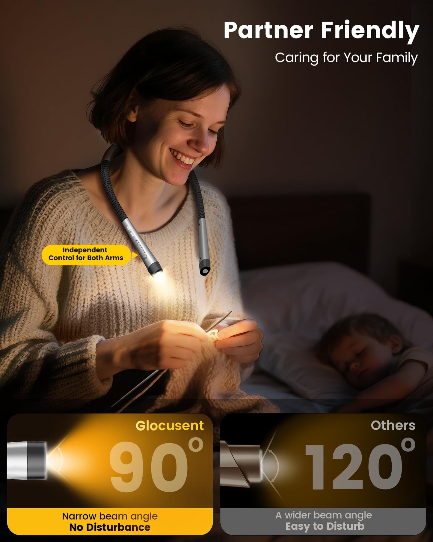 Glocusent Rechargeable Reading Light, 1600mAh Book Light - 3 Colors & 5 Stepless Brightness, Neck Light with Timers & Sleep Aid, Travel Lock, Ergonomic Design, Perfect for Reading, Knitting & Craft