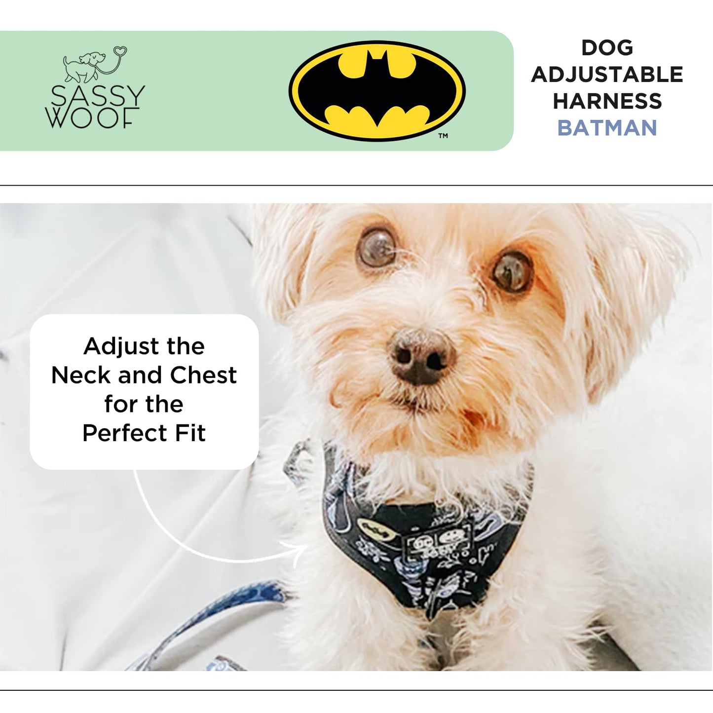 Sassy Woof Dog Adjustable Harness - Batman™ - M, Breathable Mesh, No Pull Design with Two D-Rings, Perfect for Medium Dogs