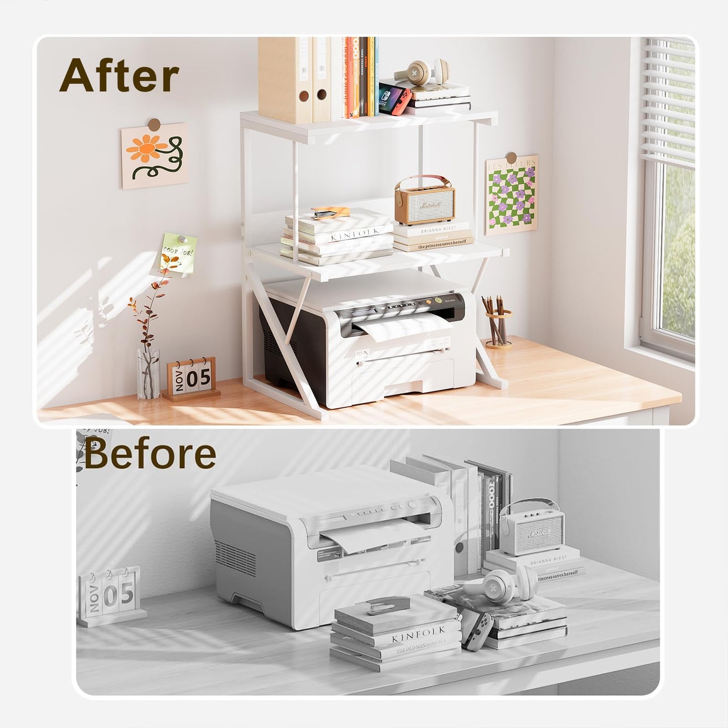 aboxoo Printer Stand for Desk, Desktop Printer Shelf Large Printer Stands 3 Tiers Multi-Purpose Desk Office Organization Shelves for Home Office Printer Fax Book, White