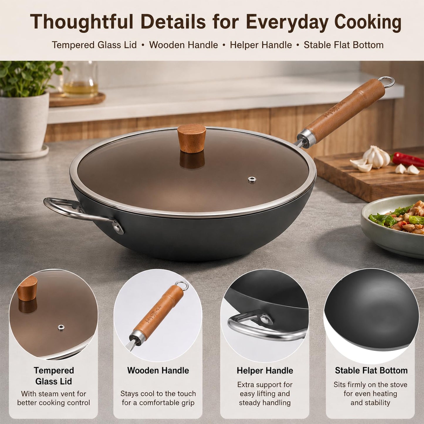 WANGYUANJI Carbon Steel Wok Pan, 12.6" Woks & Stir-Fry Pans with Glass Lid No Chemical Coated Flat Bottom Iron Wok for Induction, Electric, Gas, Halogen All Stoves