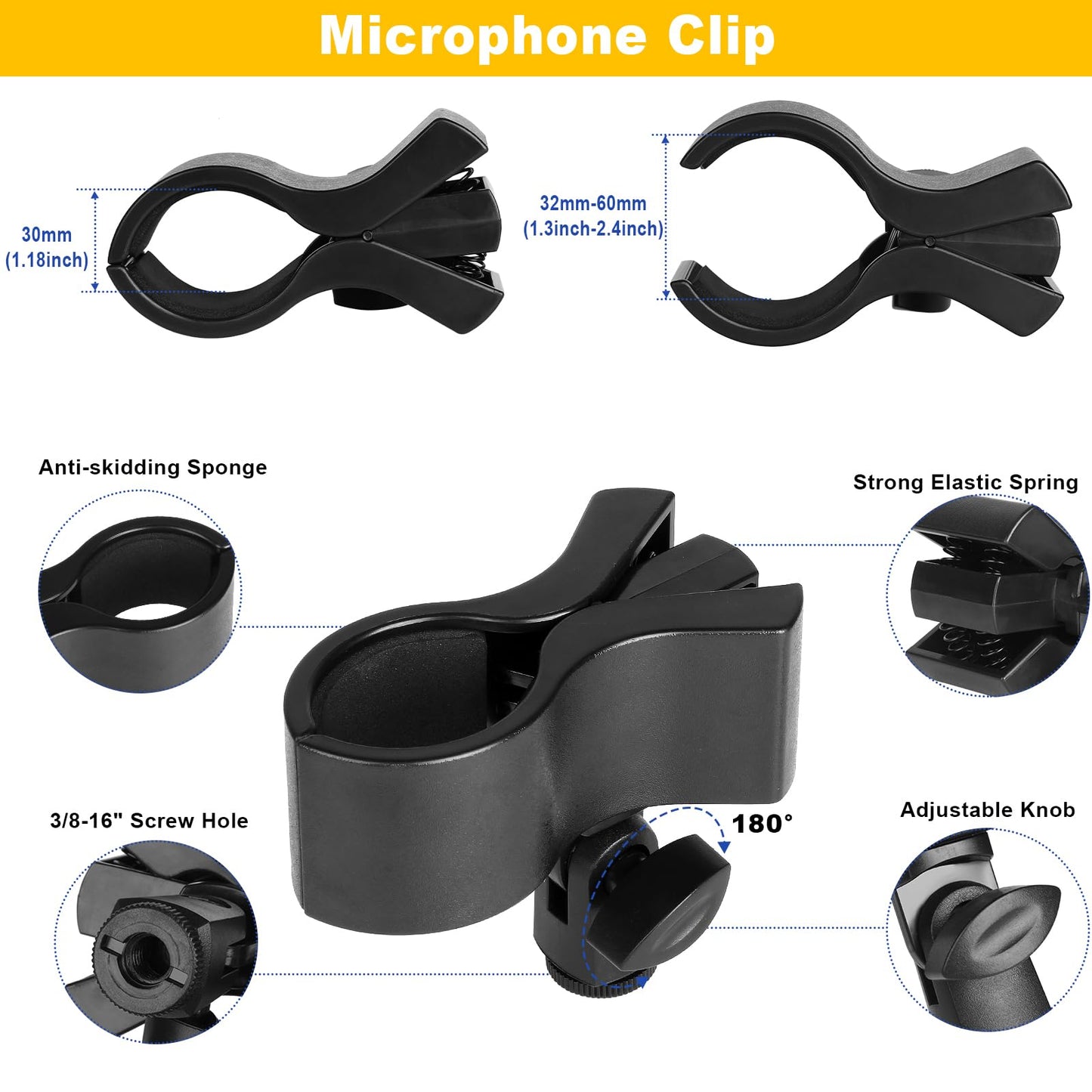 Microphone Holder - 23.6 inch Long Arm Gooseneck Desktop Mic Stand,Mic Arm Wall Mount,Metal Base Mic Clip 3/8" to 5/8" Adapter for Walls/Desk/Podium,Compatible with Shure/Fifine/AT2020/Pyle/Razer