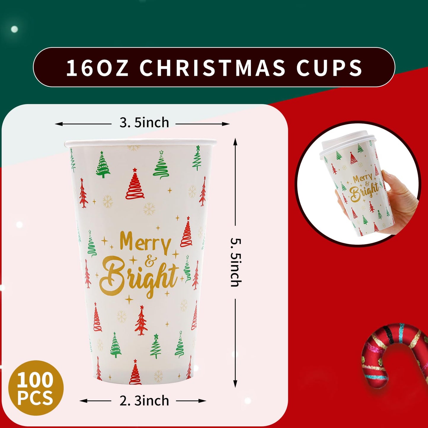 Tamone 100 PACK Christmas Cups 16OZ Disposable Coffee Cups with Lids Leak Proof, Green and Red Christmas Tree Design for Cold/Hot Coffee Beverage Chocolate Cocoa for Home Office