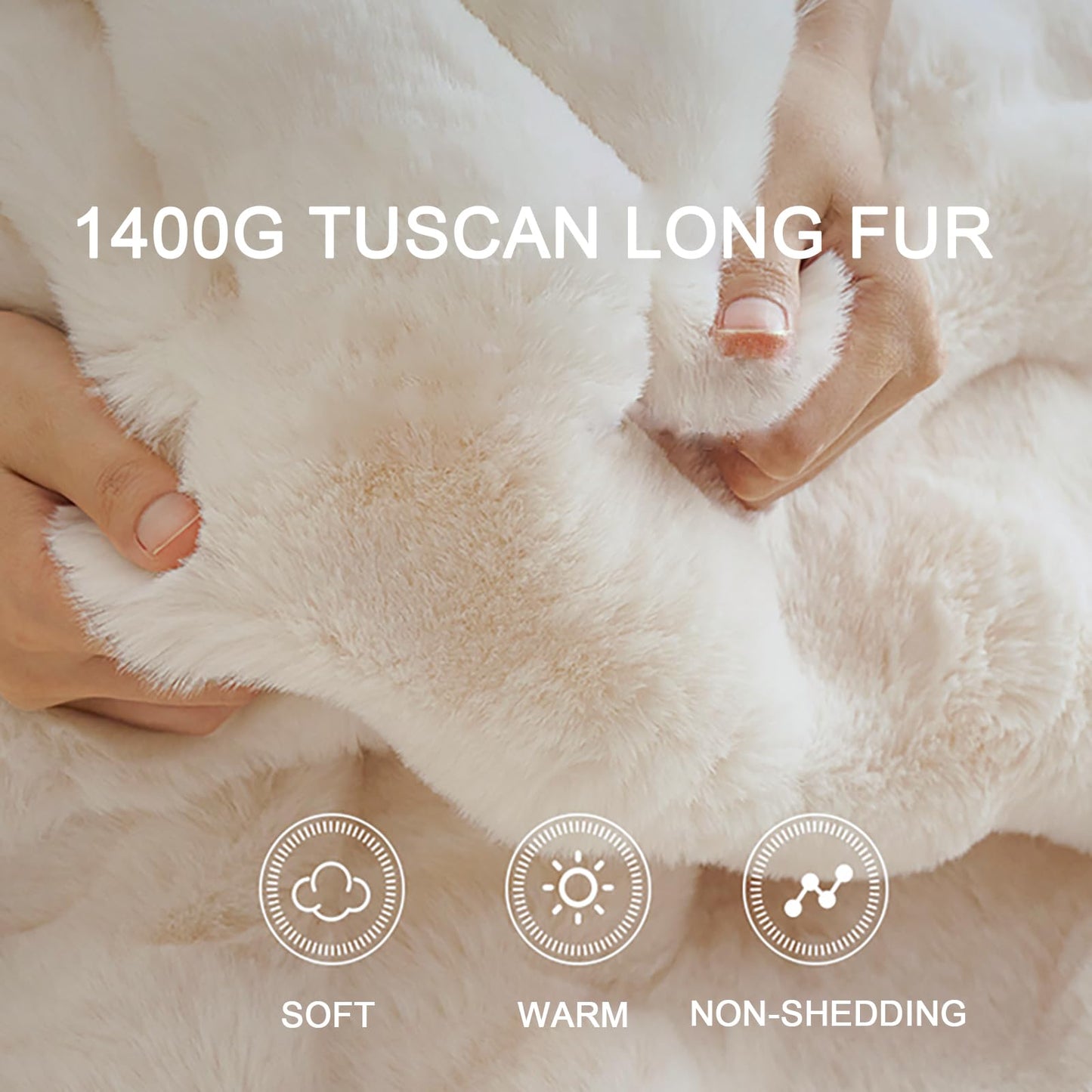 Faux Rabbit Fur Throw Blanket, Luxury Soft Warm Bubble Blanket for Bed, Couch, Sofa, Beige, 80" X 90"