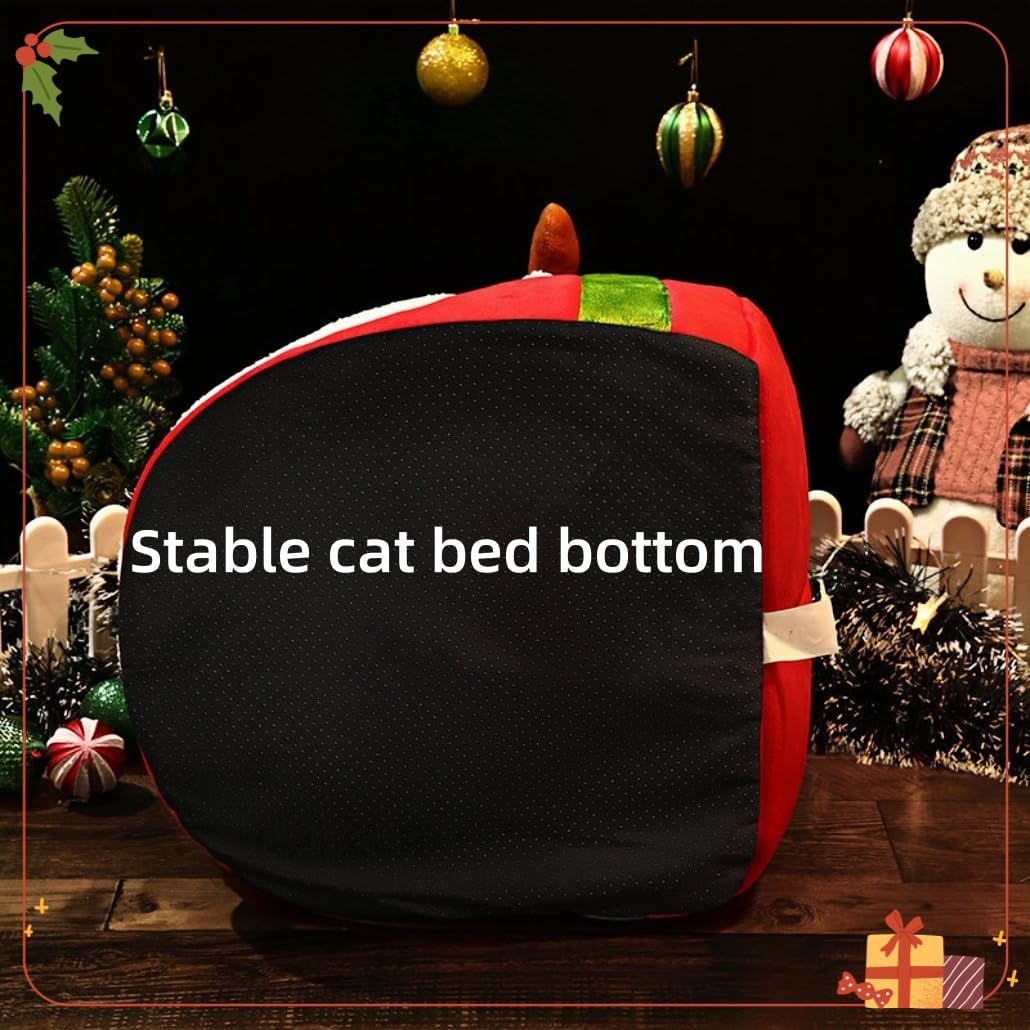 Christmas Cat Bed for Indoor Cats, Semi-Enclosed Cat Cave Foldable Cat House with Removable Washable Cushion Cute Xmas Reindeer Ped bed with Hanging Plush Toy Ball for Cats Small Dogs Playing Sleeping
