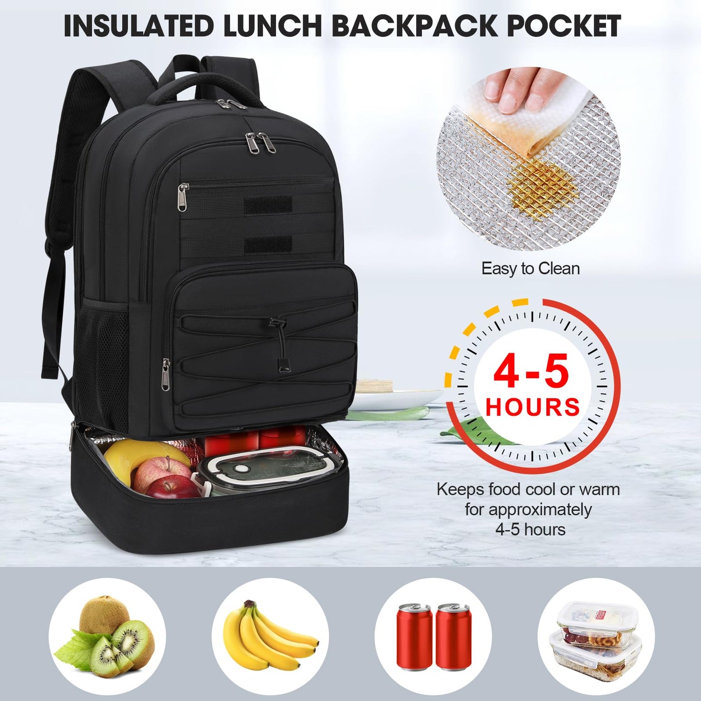 SDYSM Lunch Backpack for Men, 17.3 Inch Laptop Backpack with Charging Port & Earphone Hole Travel Work Backpack with Insulated Lunch Bag Waterproof Computer Backpack for College School Business, Black