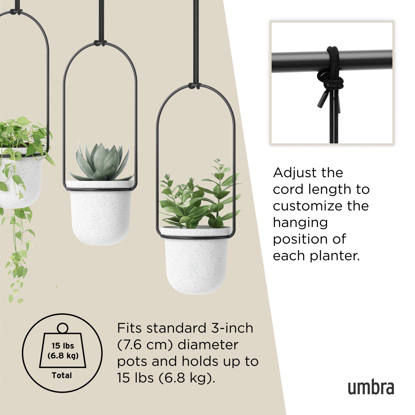 Umbra Triflora Hanging Planter for Window, Indoor Herb Garden, White/Black