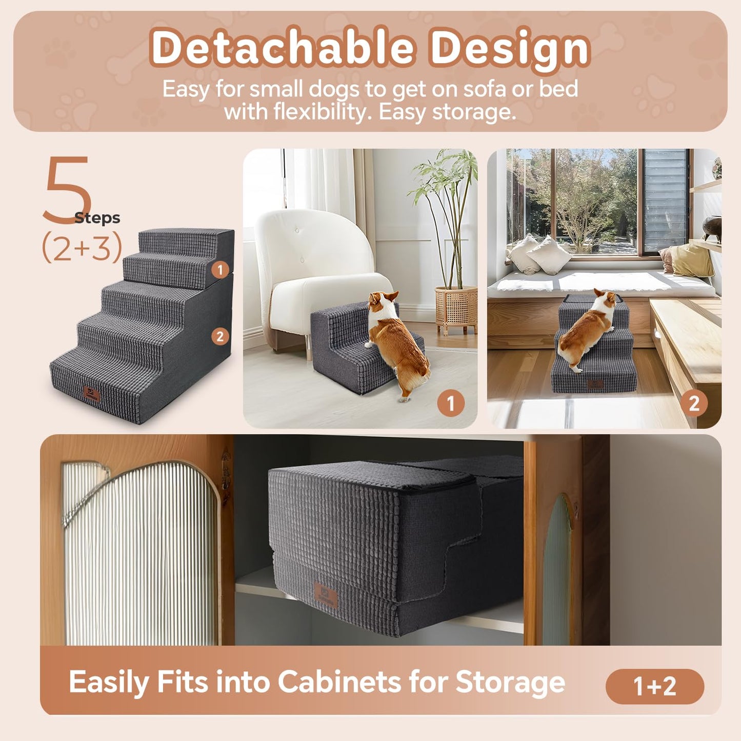Pet Stairs Ramp for High Beds and Couch for Dogs to Get on Bed - 4 Steps Foldable Stairs for Small Dogs and Old Cats - Foam&Non-Slip&Washable by Sytopia, Grey, 2/3/4/5 Steps