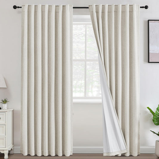 100% Blackout Curtains Ivory Curtains for Bedroom Cream Beige Chenille Curtains Thermal Insulated 84 Inches Long Nursery Drapes with White Flocking Coating Back, 52" W x 84" L, Ivory(Not Solid)