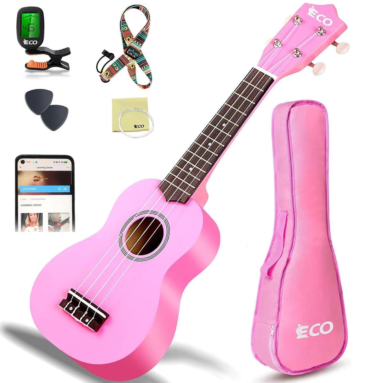 Soprano Ukulele Beginner Kit 21 Inch Ukelele w/Free Online Lesson Case Strap Tuner Strings Picks, Fast to Learn